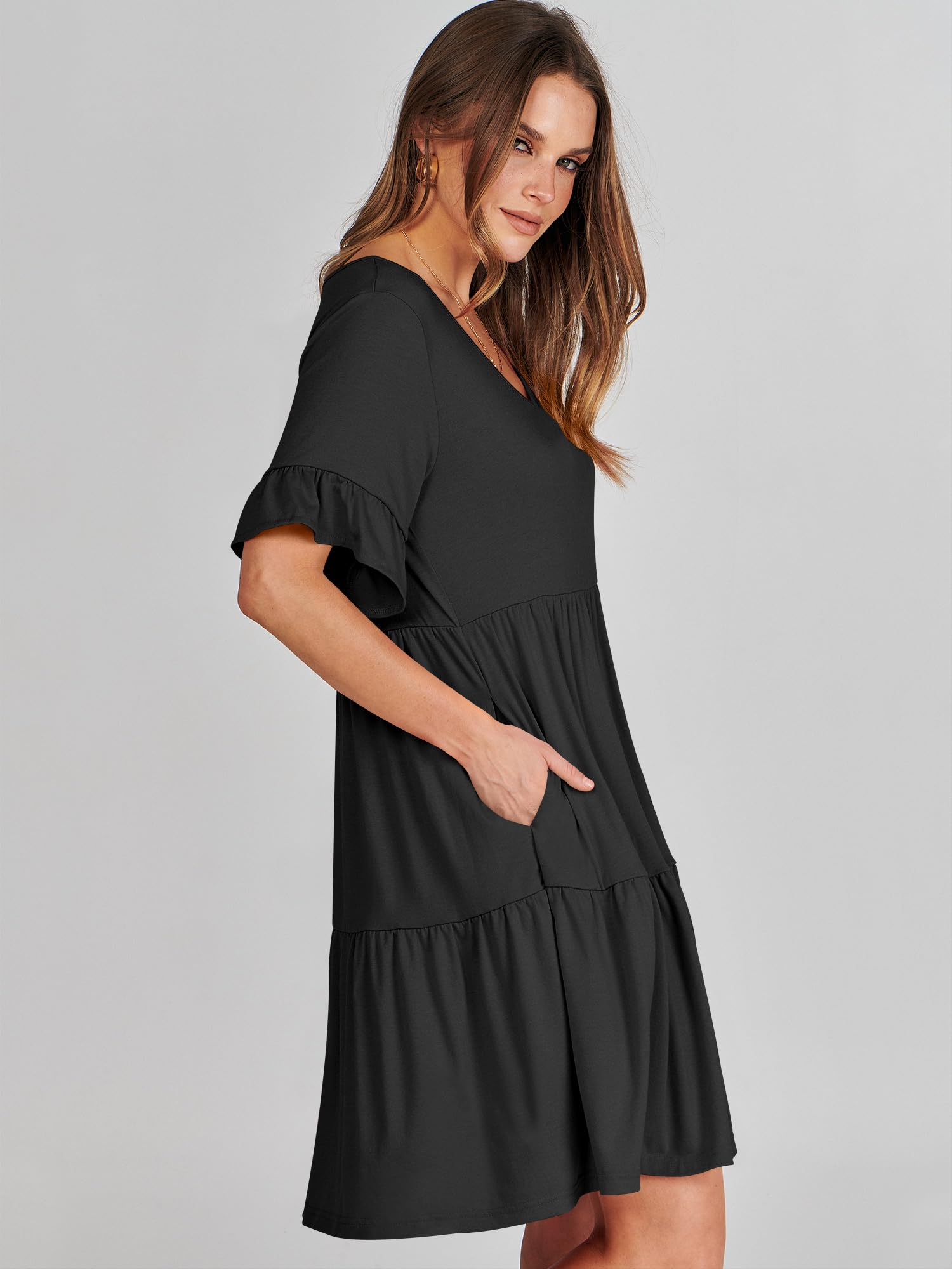 ANRABESS Women's Summer V-Neck Ruffle Sleeve A-Line Tiered Flowy Mini Dress with Pockets - Trendy Casual Beach Dress for Vacations, Parties & Date Nights