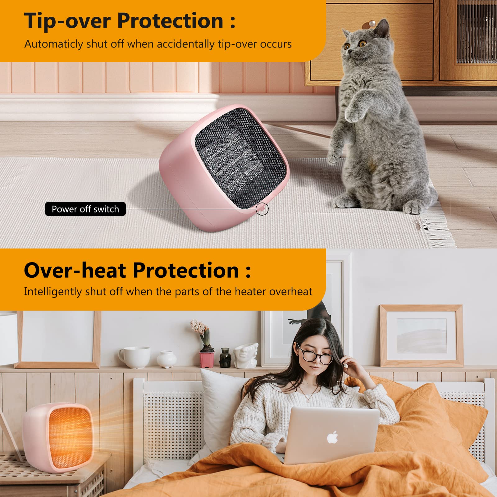 YOUCIDI 1000W/800W Portable Ceramic Space Heater - Fast 2-Second Heating, Compact & Quiet Electric Heater for Office, Desk, Bedroom - Safe Indoor Use (Pink) | Perfect for Winter Warmth & Small Spaces