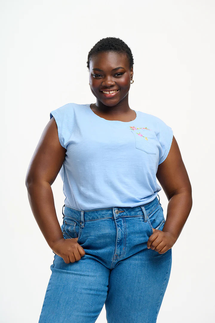 Chrissy Relaxed Fit Women's Tank Top with Floral Pocket - Soft & Comfortable Blue Floral Print T-Shirt for Casual Wear, Summer Outfits & Layering