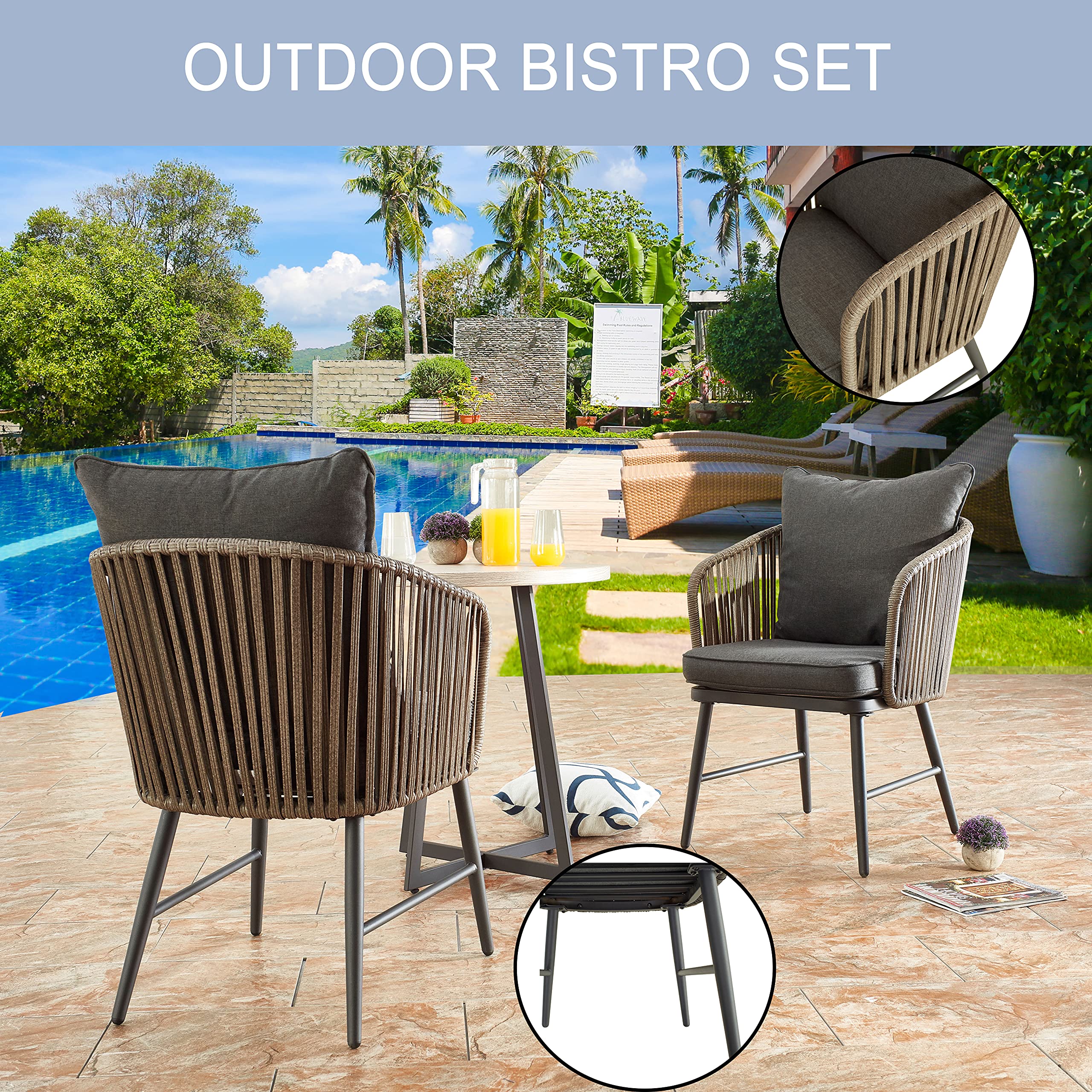 LOKATSE HOME 3-Piece Outdoor Patio Rattan Wicker Bistro Set with Table - Grey Balcony Furniture for Porch, Garden, Poolside & Backyard Relaxation