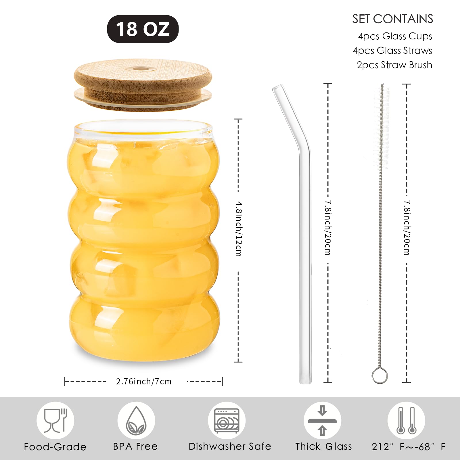 INSETLAN 18oz Creative Glass Cups with Lids & Straws - Set of 4 Wave Shape Drinking Glasses, Beer Mugs, Can-Style Tumblers for Cocktails, Juice, Iced Coffee - Perfect for Home, Office, Parties & Outdoor Use
