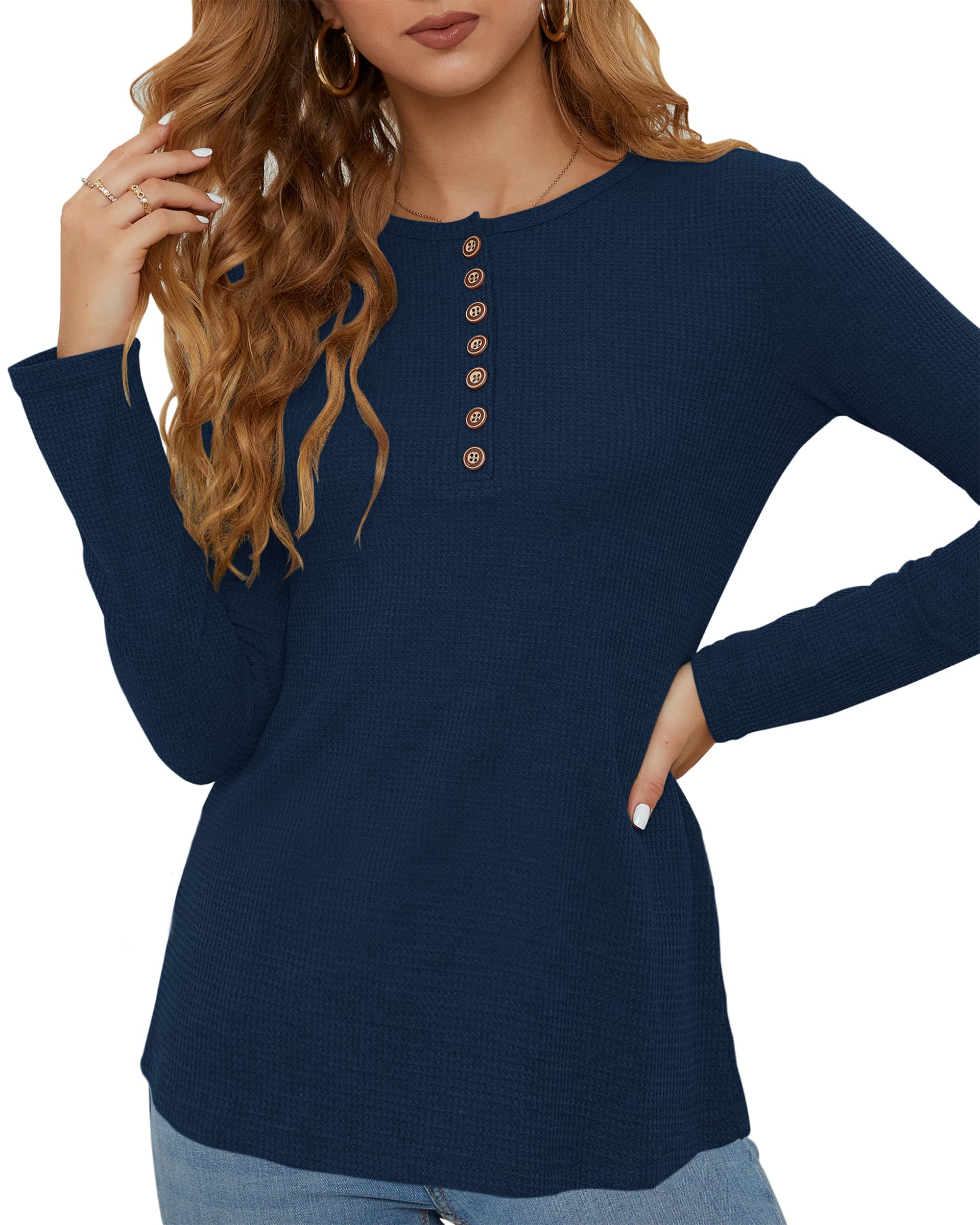 WNEEDU Women's Slim Fit Waffle Knit Long Sleeve Button Down V-Neck Henley Shirt - Casual Blouse for Work, Date Night & Fall Layering