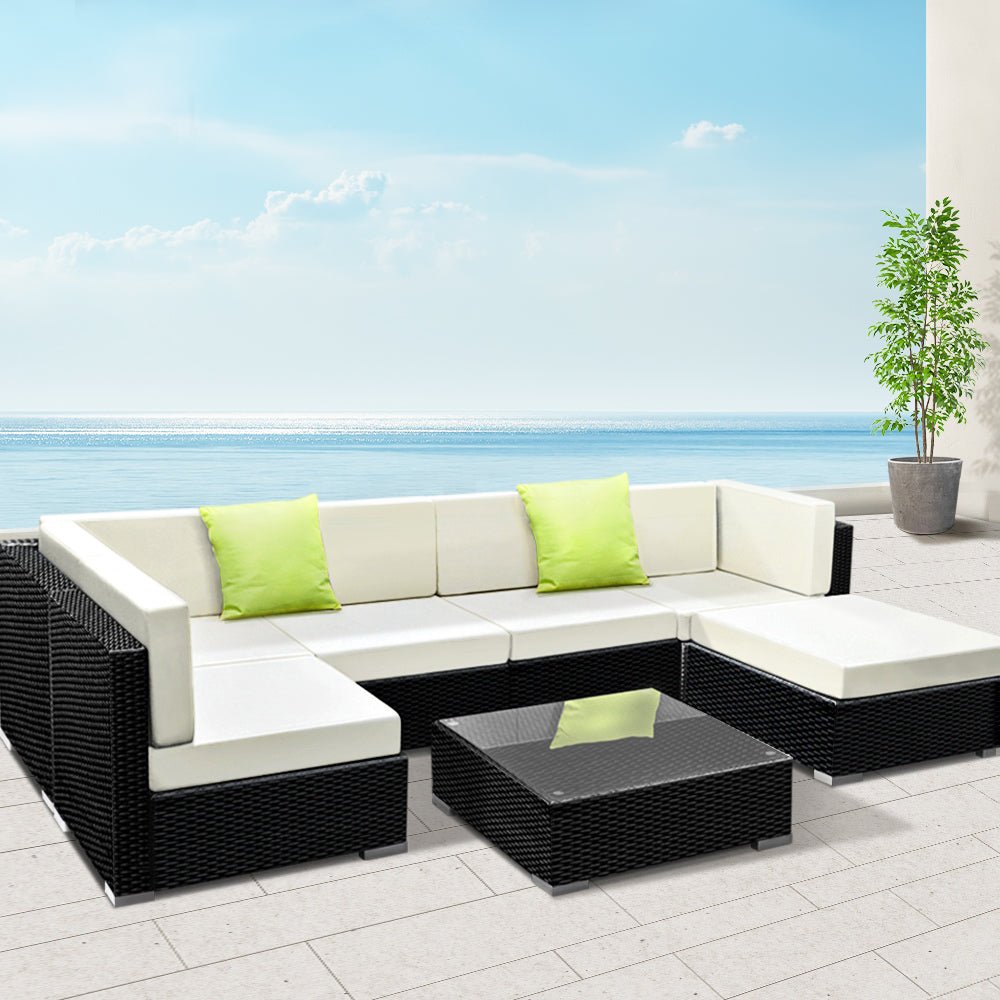 7-Piece Outdoor Wicker Sofa Set - 6-Seater Patio Furniture for Garden, Poolside, and Backyard Relaxation