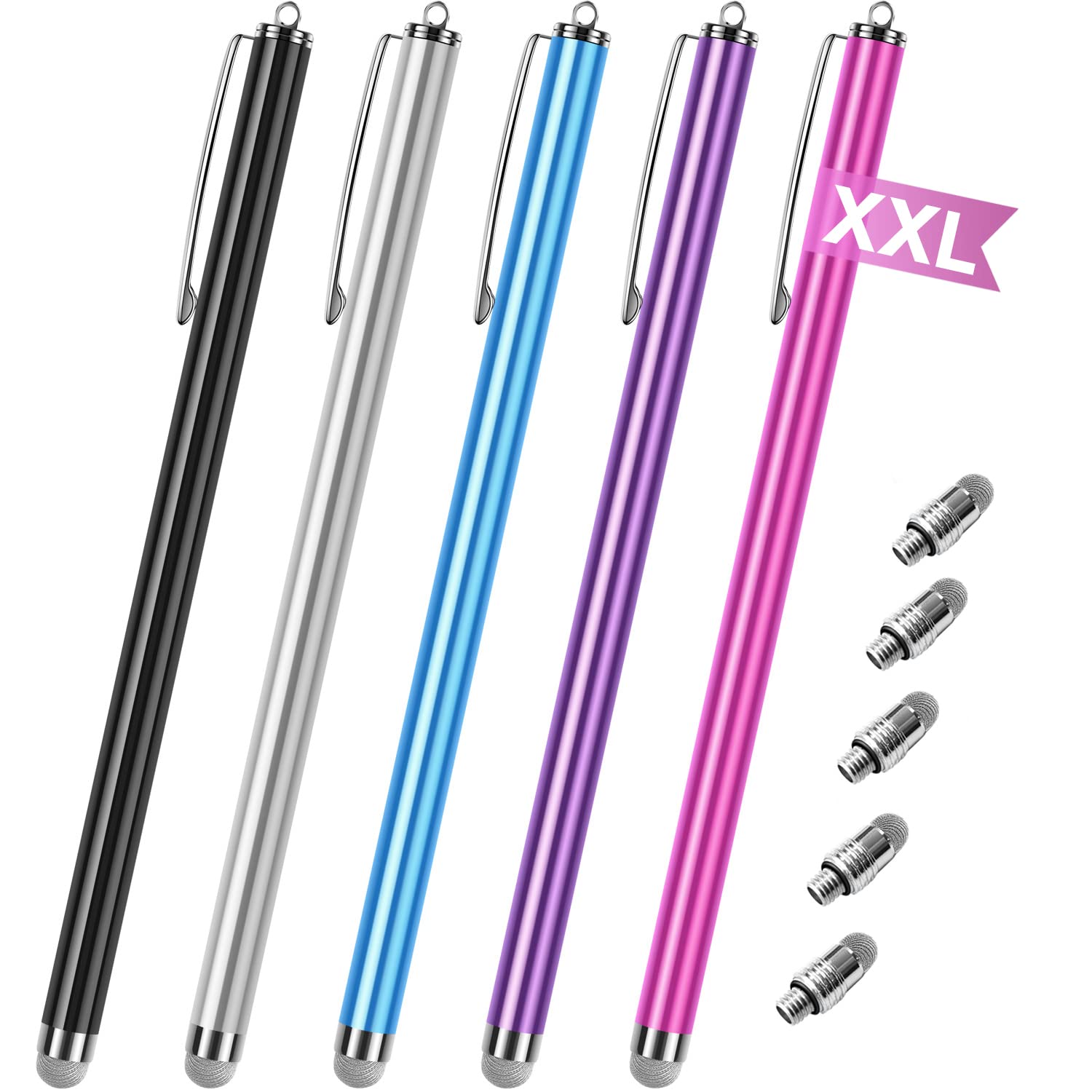 5-Pack High Sensitivity Fiber Mesh Stylus Pens for Touch Screens - Fine Point Capacitive Pen Compatible with iPad, iPhone, Android Tablet, Laptop, Microsoft Surface & Chromebook | Perfect for Drawing, Note-Taking & Digital Signatures