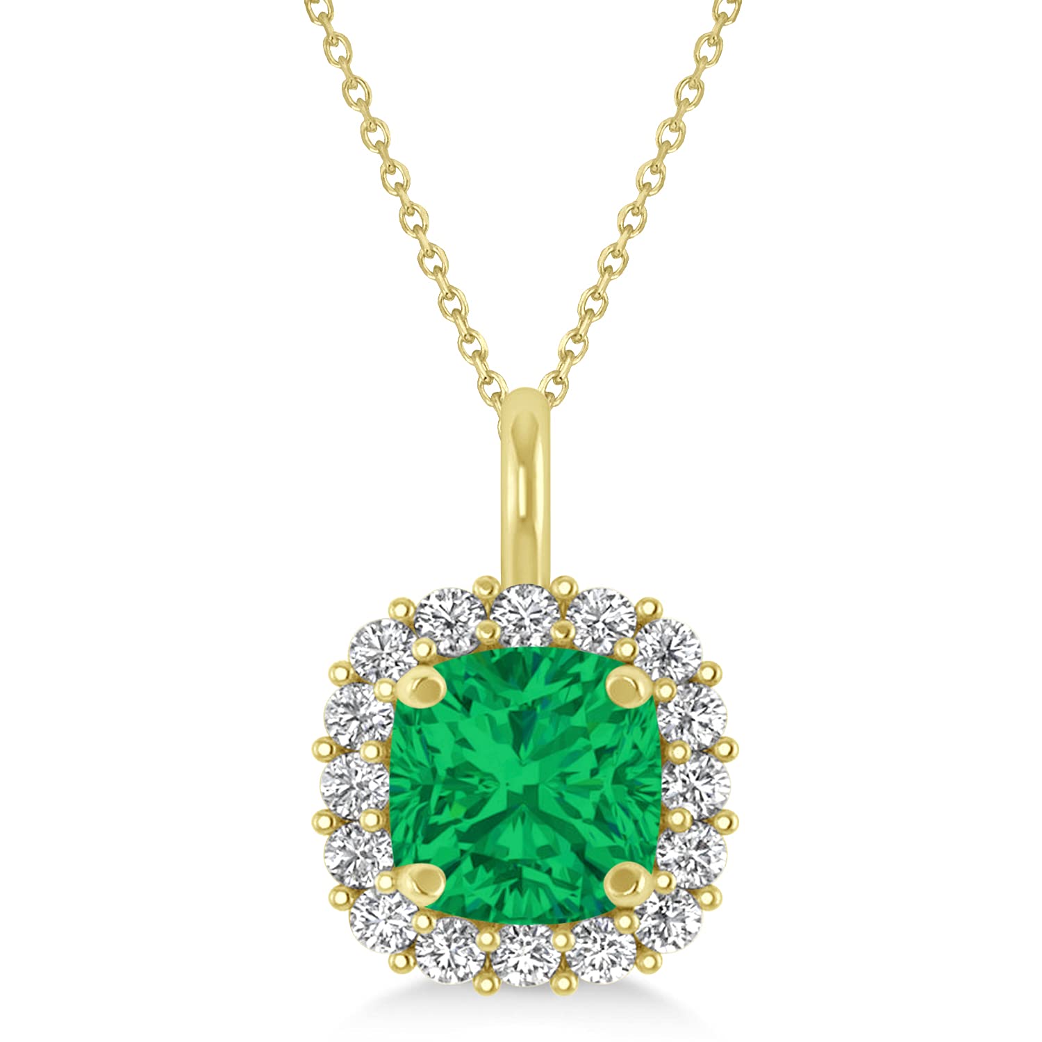 14K Gold (0.92ct) Cushion Cut Emerald and Diamond Halo Pendant Necklace with 14K Gold Chain - Elegant Jewelry Gift for Women, Perfect for Weddings, Anniversaries and Special Occasions
