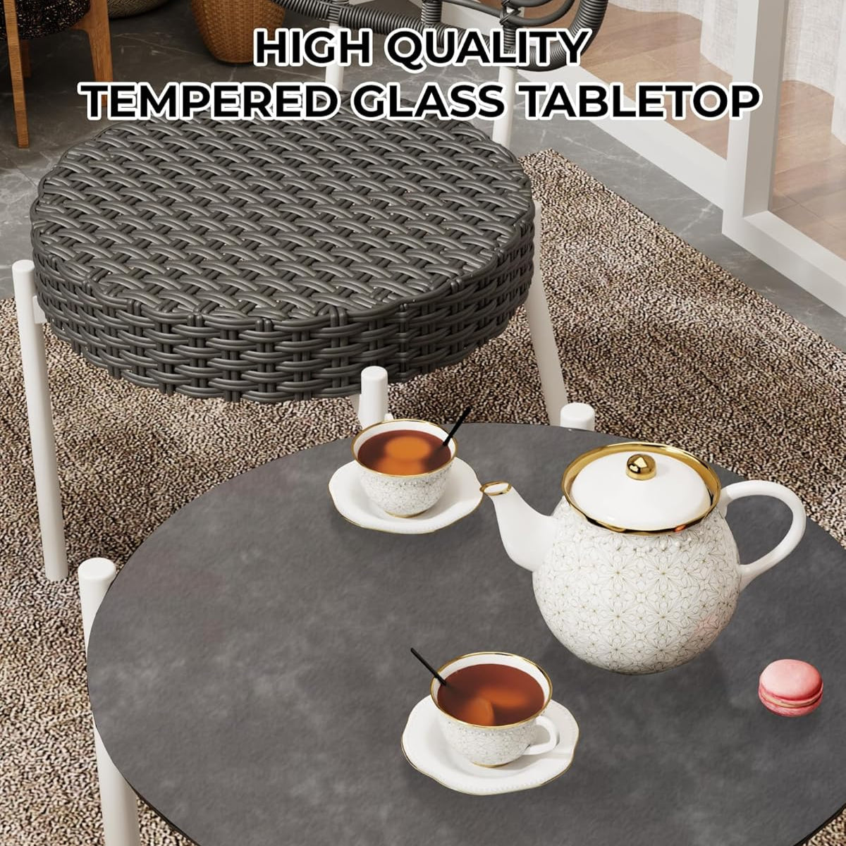 GARVEE 3-Piece Outdoor Patio Bistro Set - White & Grey Wicker Rattan Chairs with Table - Durable Garden Furniture for Backyard, Deck, Poolside & Balcony Use