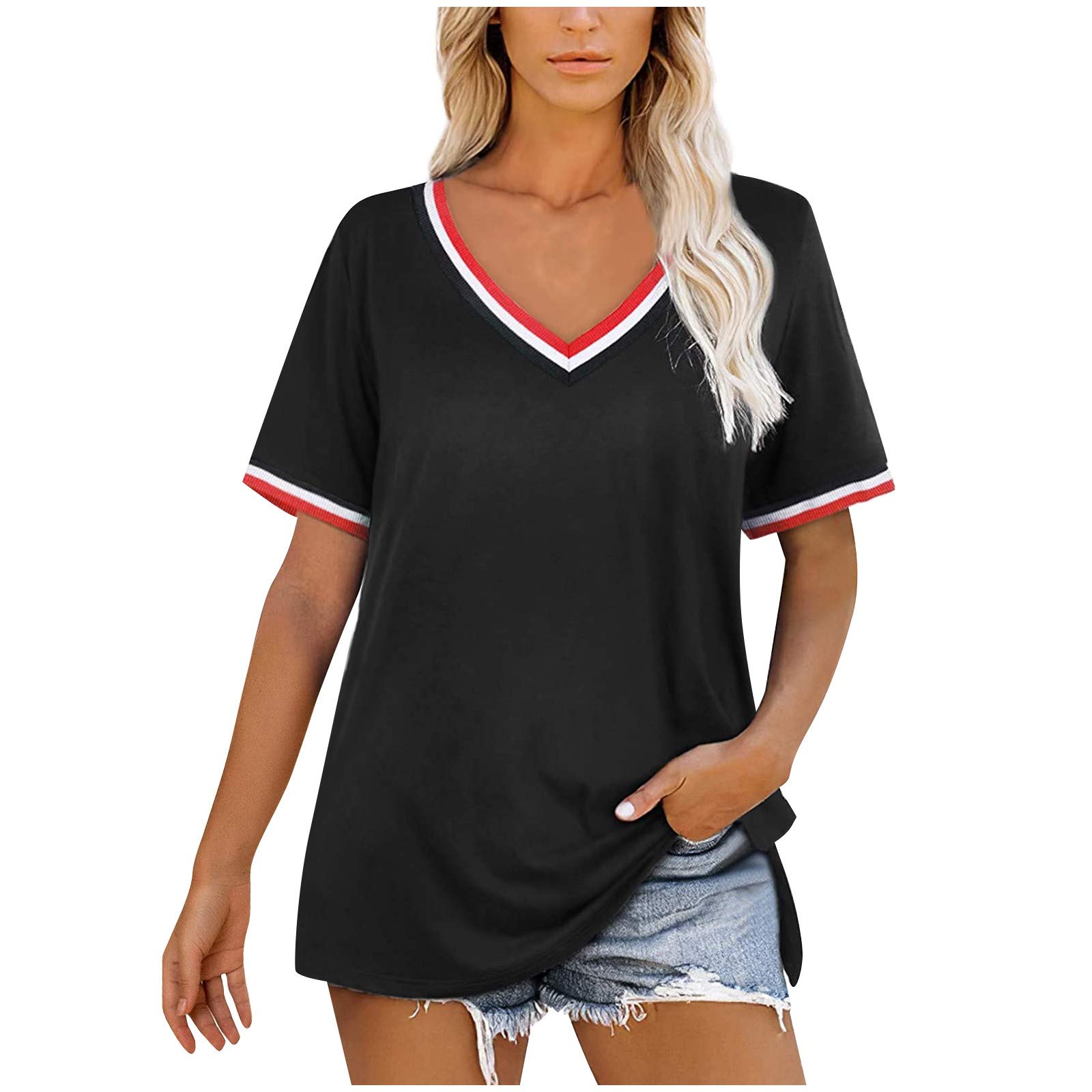 Stylish Women's V-Neck Split Side T-Shirt - Breathable Short Sleeve Loose Fit Casual Top for Summer | Perfect for Beach Outings, Weekend Wear & Layering