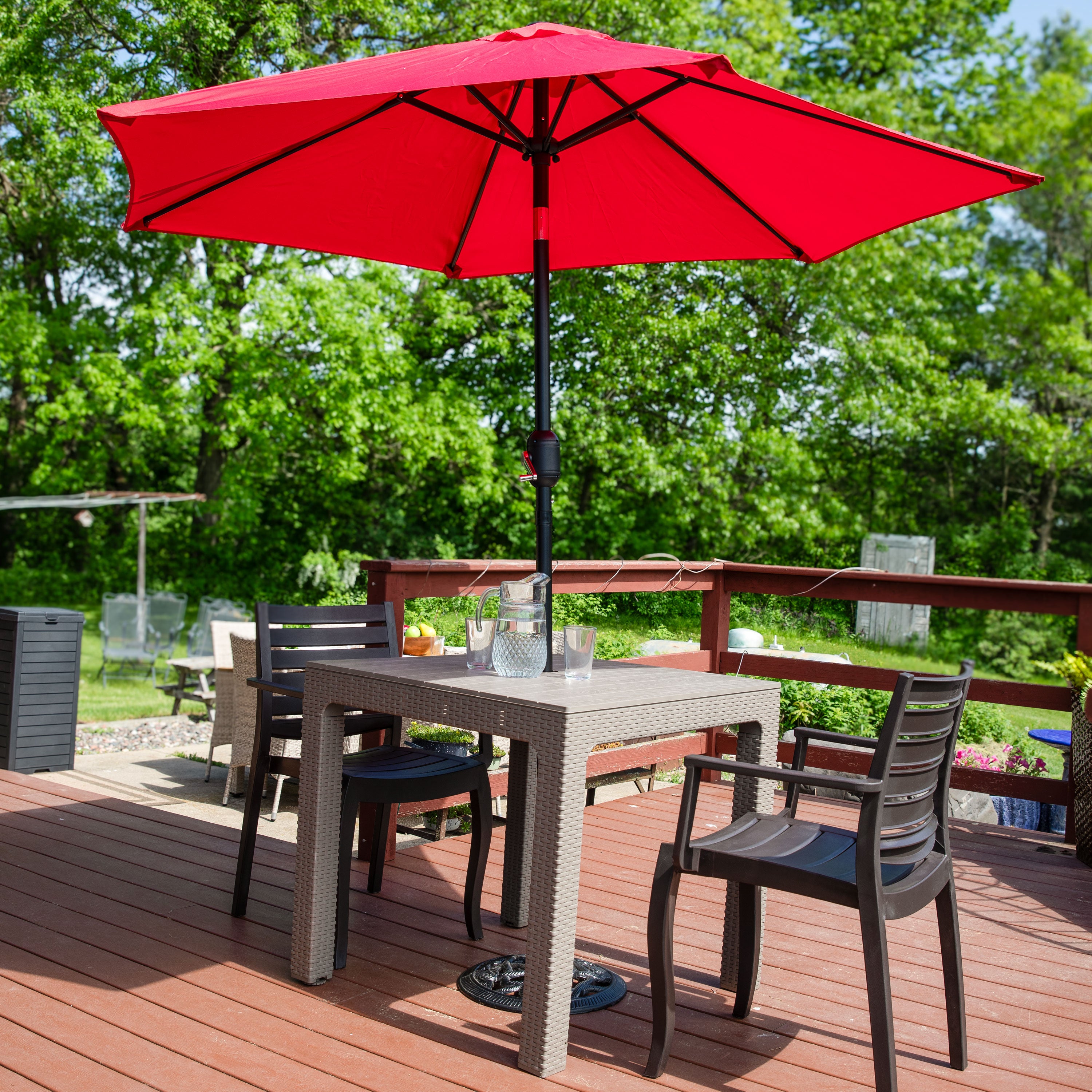 Sunnydaze Outdoor Plastic Patio Dining Table with Faux Wood Top - Champagne Finish - Perfect for Backyard, Garden, Poolside & Outdoor Entertaining
