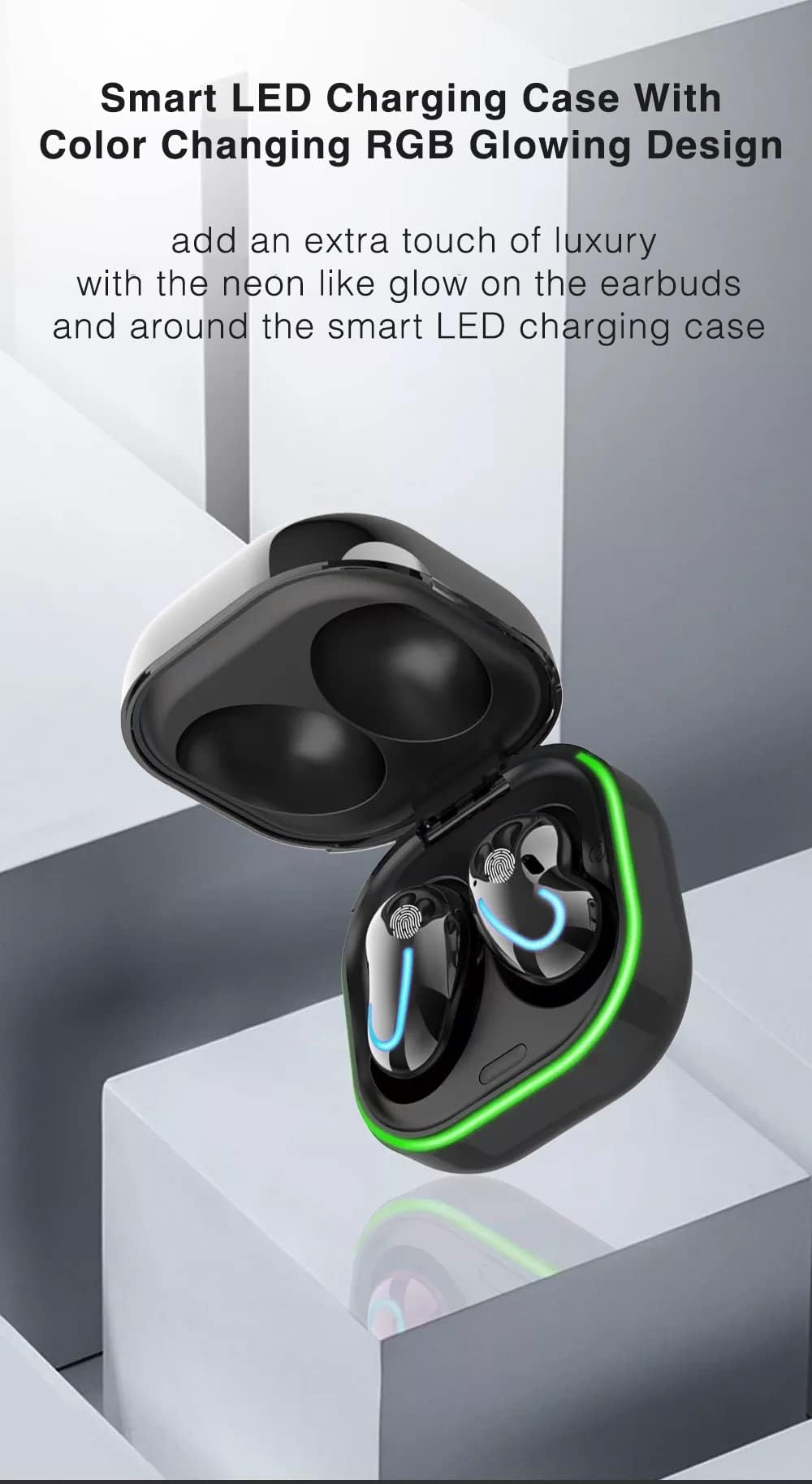 Wireless Bluetooth 5.1 Earbuds with Microphone, IPX4 Waterproof in-Ear Headphones, Rechargeable Micro USB with Smart LED RGB Case for iPhone Android iOS (Black) - Perfect for Gym, Running, Workouts & Commuting