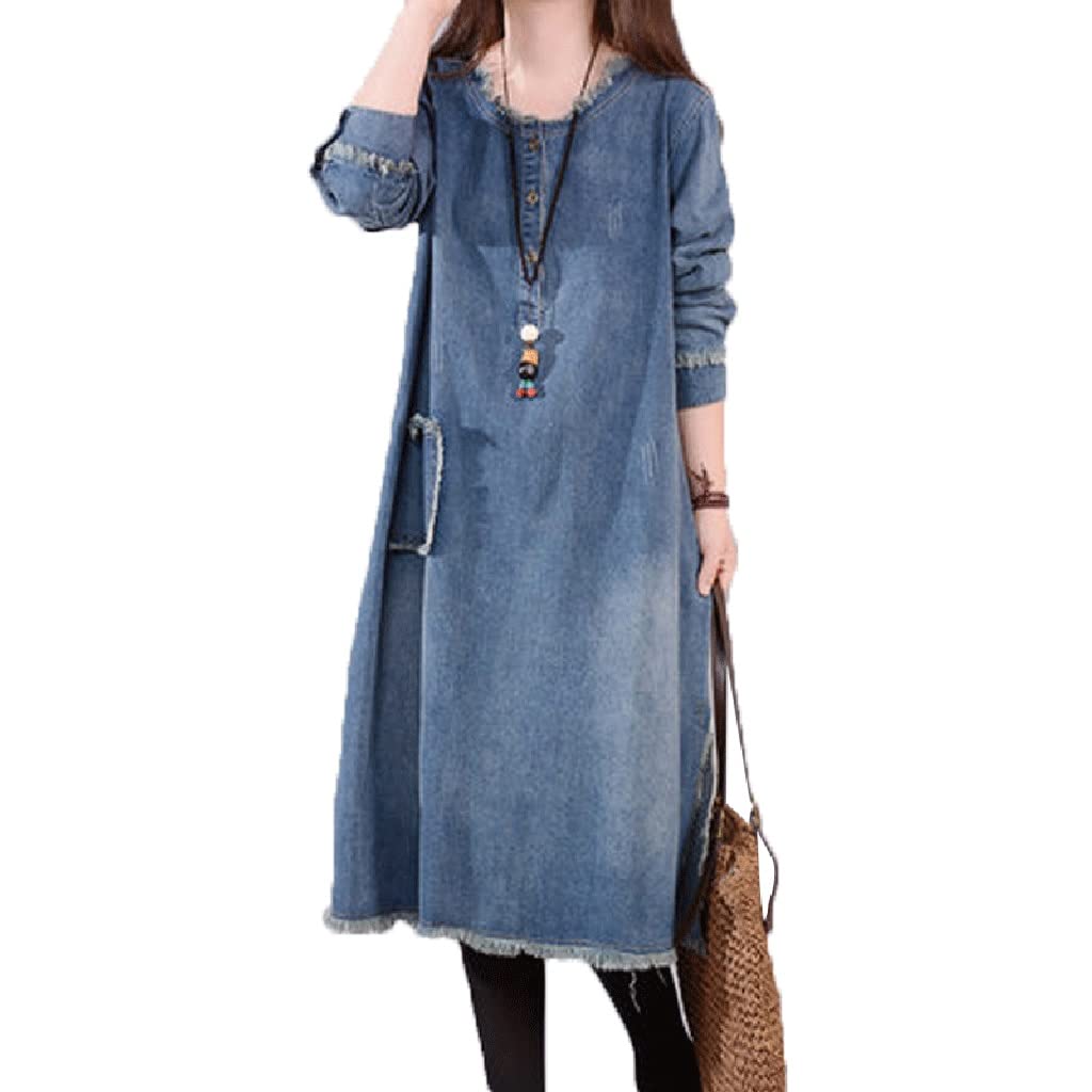 Women's Loose Denim Dress for Spring & Fall - Blue Medium Size | Casual Boho Robe Dress for Everyday Wear, Weekend Outings & Beach Cover-Up