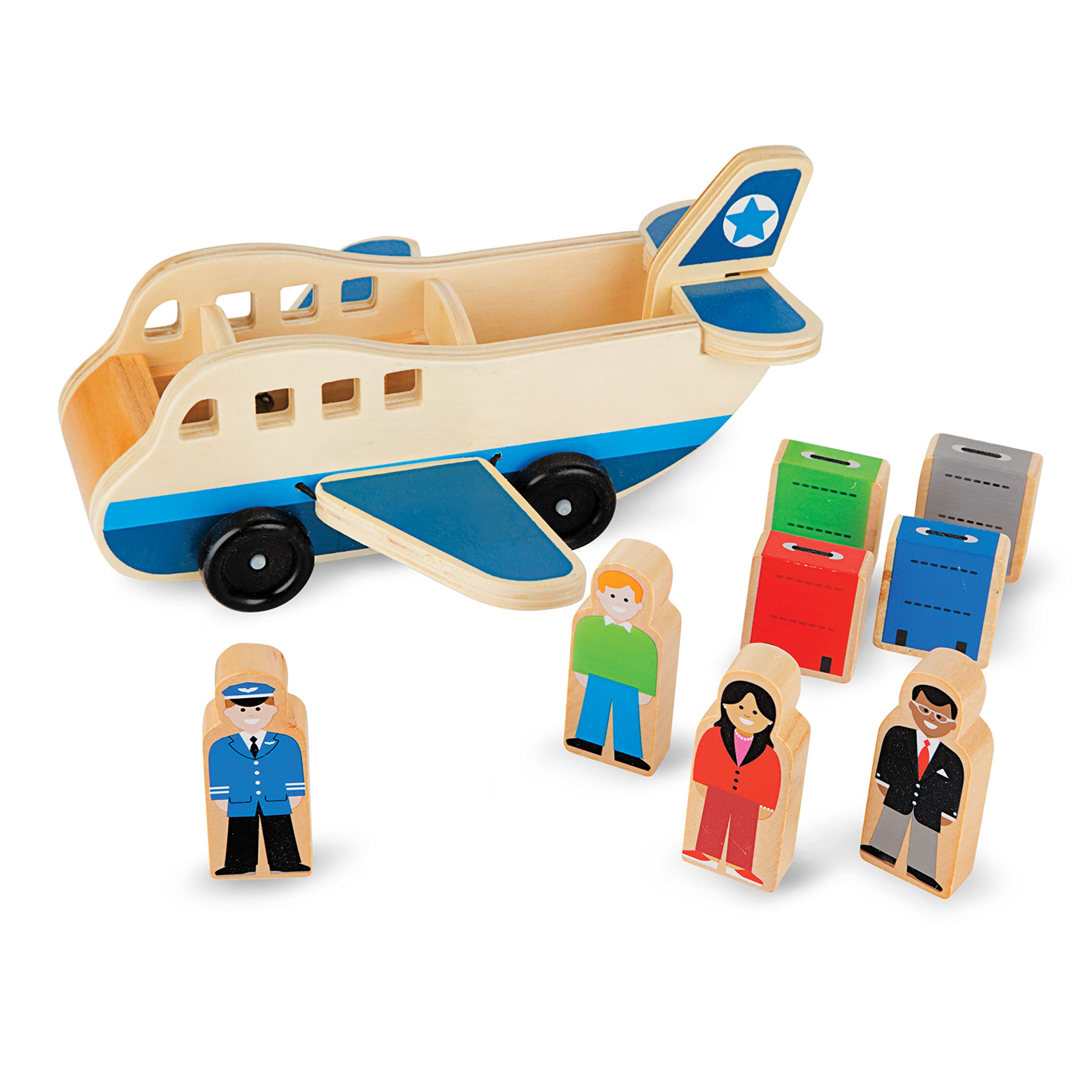 Melissa & Doug Wooden Airplane Play Set with 4 Figures & 4 Suitcases - Pretend Play Toy for Kids, Travel Adventure Role Play for Preschoolers & Toddlers