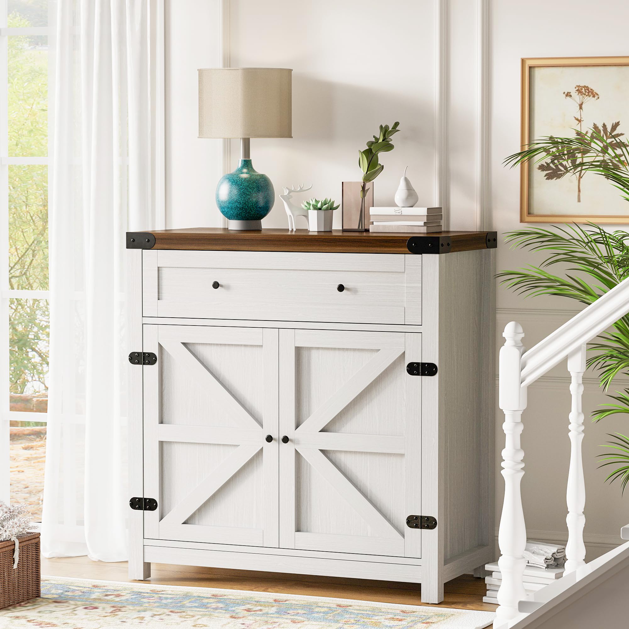 Farmhouse Style Sideboard Buffet Cabinet with Storage - Coffee Bar Console Table with 1 Drawer & 2 Barn Doors - Rustic Kitchen Storage Cabinet for Dining Room, Entryway & Home Decor (White) - Perfect for Entertaining, Displaying Decor & Organizing Dishes