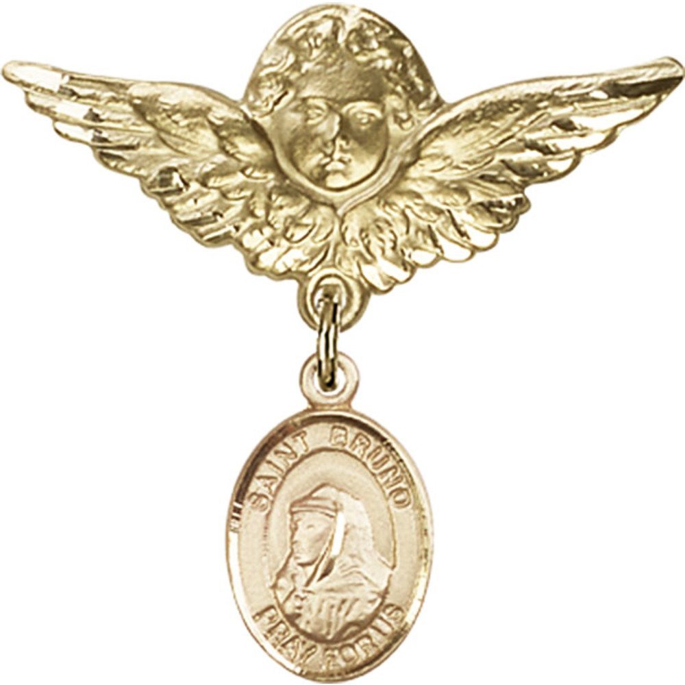 St. Bruno Gold Filled Baby Badge with Angel Wing Charm - 1 1/8 X 1 1/8 Inch Religious Pin for Christening, Baptism & First Communion Gifts