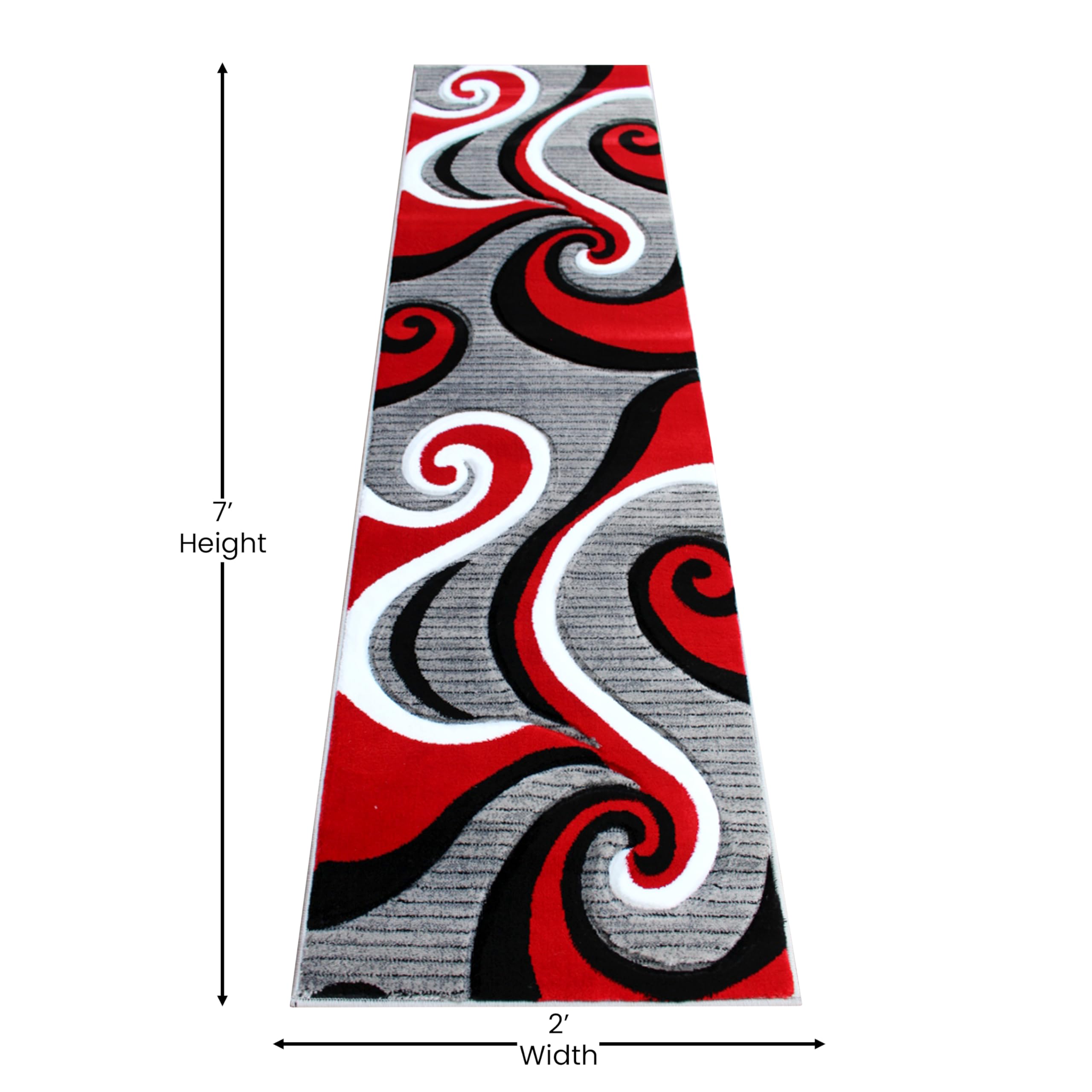EMMA + OLIVER Olefin Accent Rug - Red Contemporary Swirl Pattern - 2x7 Feet 3D Sculpted Effect - Stain Resistant Indoor/Outdoor Rug with Jute Backing - Perfect for Living Room, Bedroom or Patio Decor