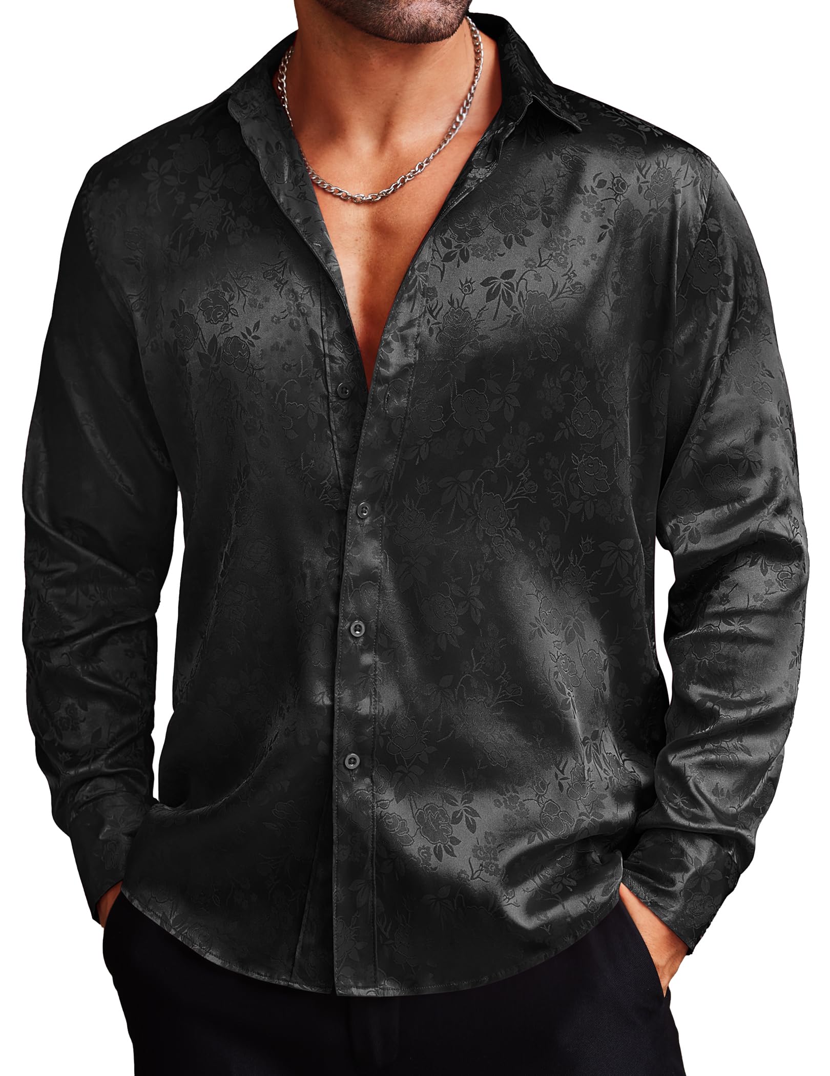 COOFANDY Men's Silk Satin Dress Shirt - Jacquard Long Sleeve Floral Button Up Shirt for Wedding, Prom, Party & Formal Occasions | Elegant Business Attire & Special Event Wear