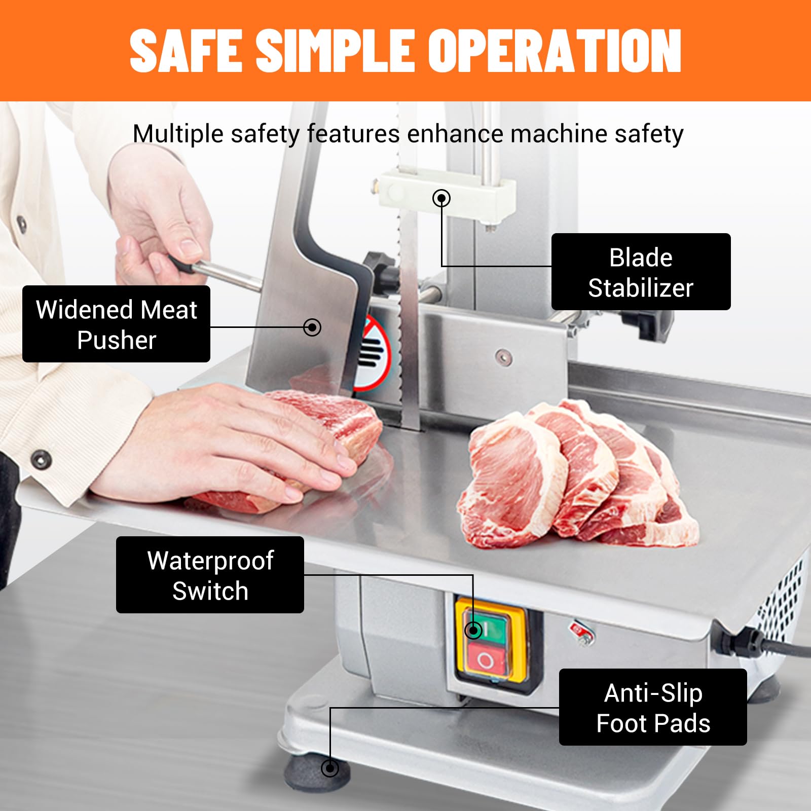 750W Commercial Electric Meat Band Saw for Butchers – Heavy Duty Frozen Meat & Bone Cutting Machine with 2 Blades (0.39-4.3