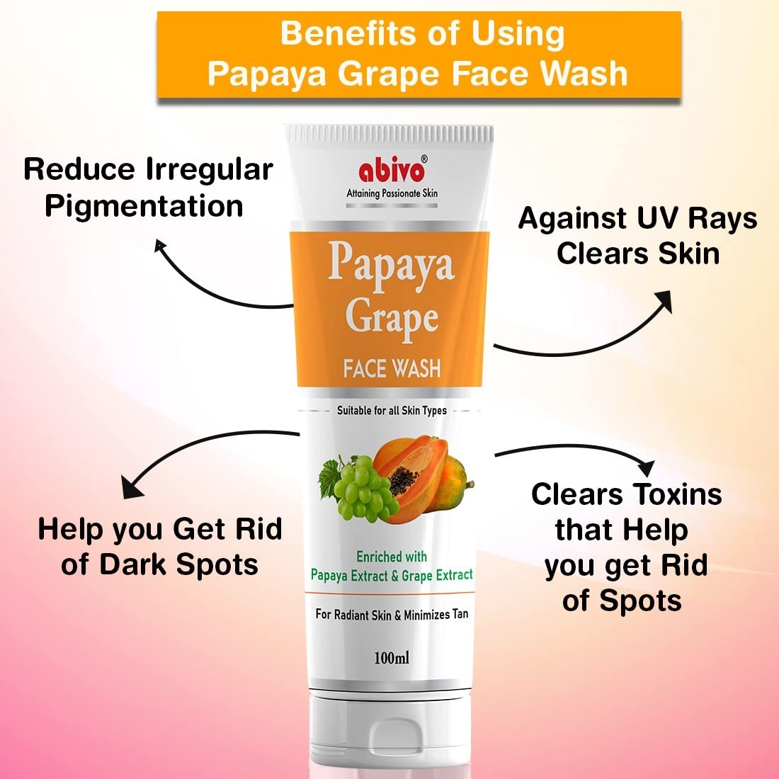 Abivo Papaya Grape Face Wash for Radiant Skin - Reduces Tan & Anti-Aging | 100ml Cleansing Formula for Clear, Glowing Complexion | Perfect for Daily Skincare Routine & Post-Sun Care
