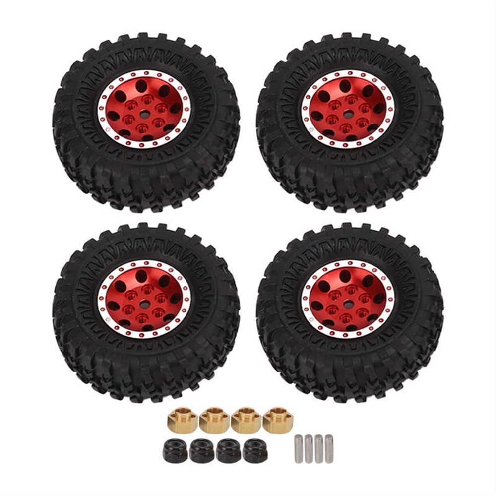 LYunce RC Metal Rims Rubber Tires - Durable Wear-Resistant Anti-Slip 55mm Tires with 8 Holes for Axial SCX24 RC Crawler (Red) - Perfect for Off-Road Crawling and Rock Climbing Adventures