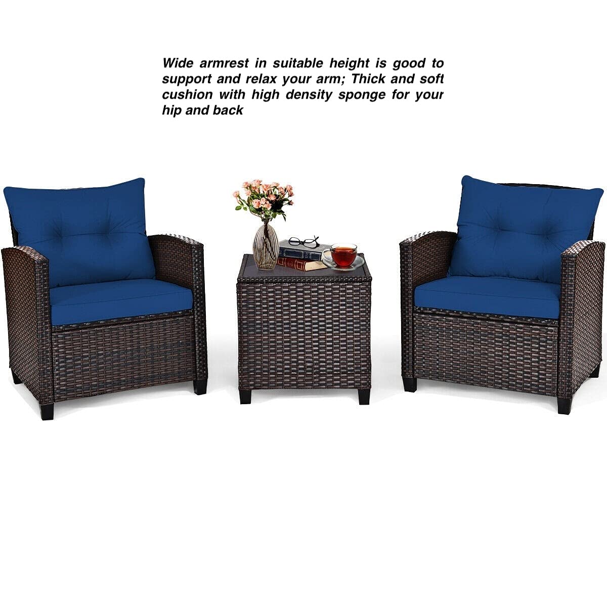 Navy Blue 3-Piece Outdoor Patio Furniture Set with 2 Rattan Chairs & 1 Tempered Glass Coffee Table - Soft Cushions Included - Perfect for Backyard, Deck, Balcony, Poolside, and Outdoor Living Spaces - Ideal for Relaxing, Entertaining, and Enjoying Nature