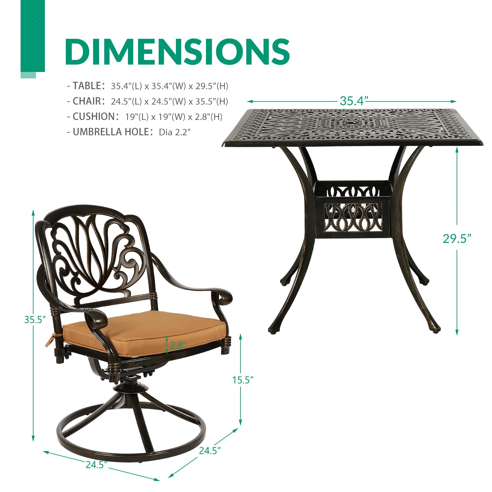 VIVIJASON 5-Piece Outdoor Patio Dining Set - All-Weather Cast Aluminum Conversation Set for Deck, Lawn & Garden - Includes 4 Swivel Chairs & 35.4