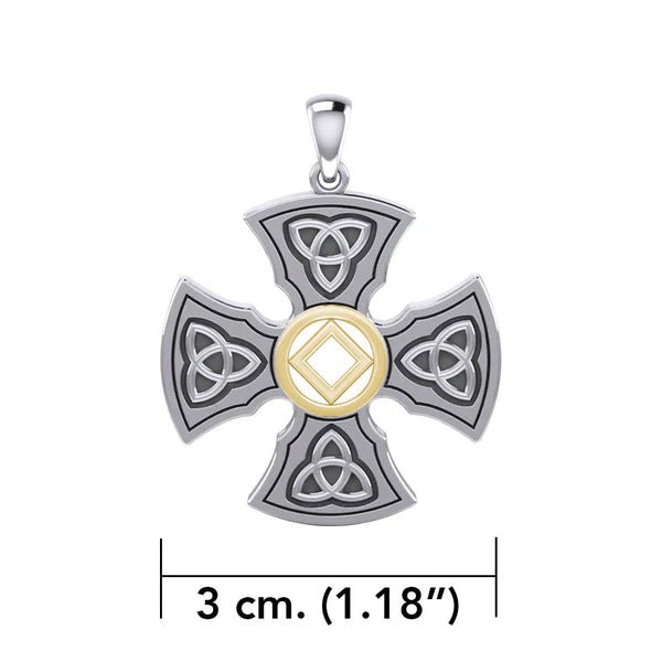 Templar Cross Sterling Silver & 14K Gold Accent Recovery Pendant with AA or NA Symbol - Adjustable Chain for 12-Step Programs & Spiritual Protection