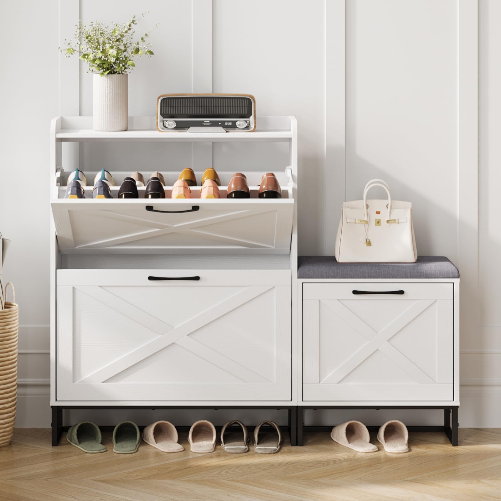 Maupvit 3-Tier Flip Shoe Storage Cabinet with Bench - Holds 20 Pairs of Shoes, Space-Saving Entryway Organizer for Hallway, Living Room & Small Spaces - White (Perfect for Apartments, Dorm Rooms & Closets)