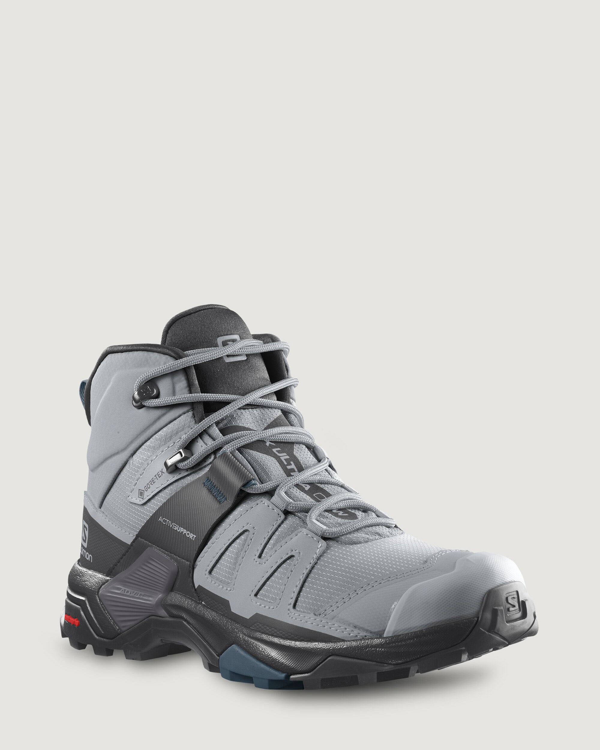 Women's Salomon X Ultra 4 GORE-TEX Mid Waterproof Hiking Boots - Quarry/Black/Legion Blue - Lightweight Trail Shoes for Outdoor Adventures & Mountain Trekking