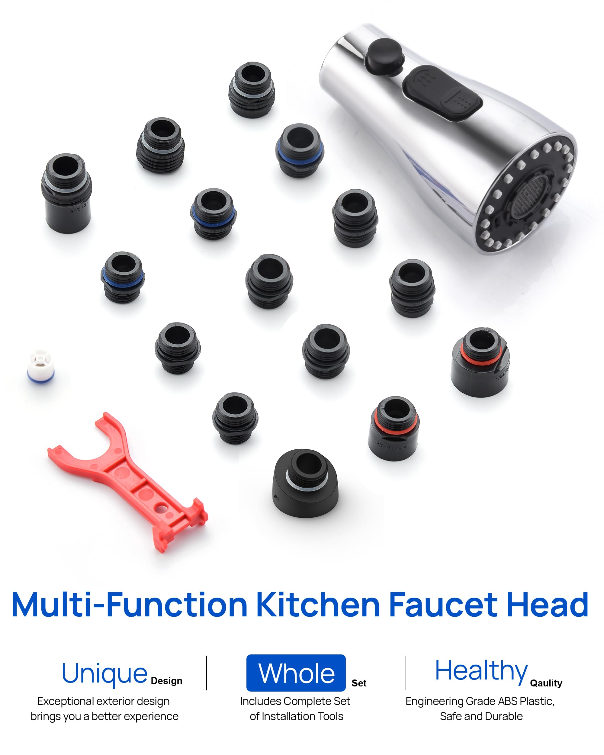 J-HVA 3-Function Pull Down Kitchen Faucet Sprayer Head - Chrome Replacement for Sink Faucets (15 Connectors) - Perfect for Home Kitchen Upgrades