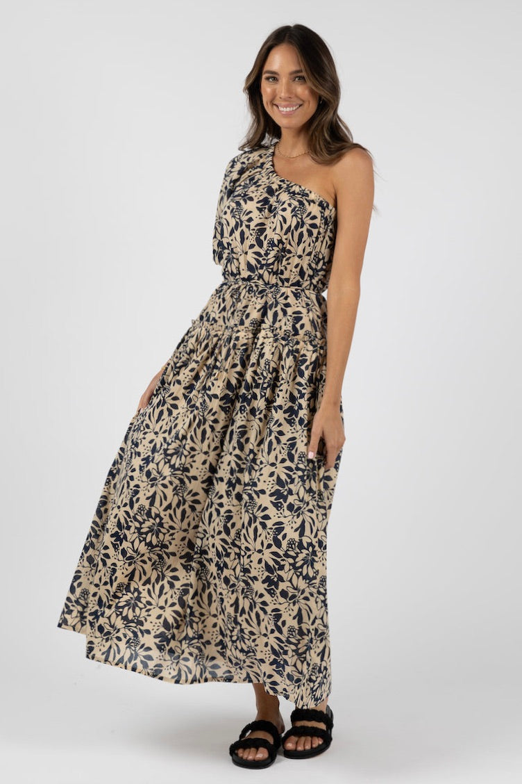 Eden Navy Print One Shoulder Midi Dress for Women - Elegant Floral Summer Party Cocktail Dress for Weddings, Date Nights & Special Occasions