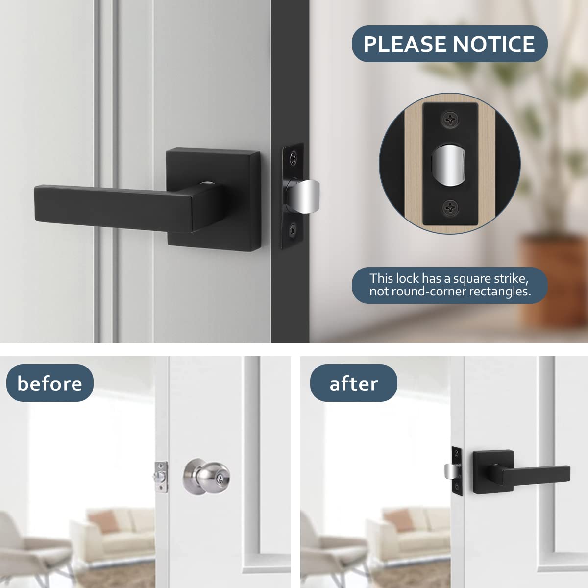 Matte Black Door Handles - Universal Keyless Leverset for Hallway Closets & Interior Doors (1PC) - Perfect for Home & Office Use