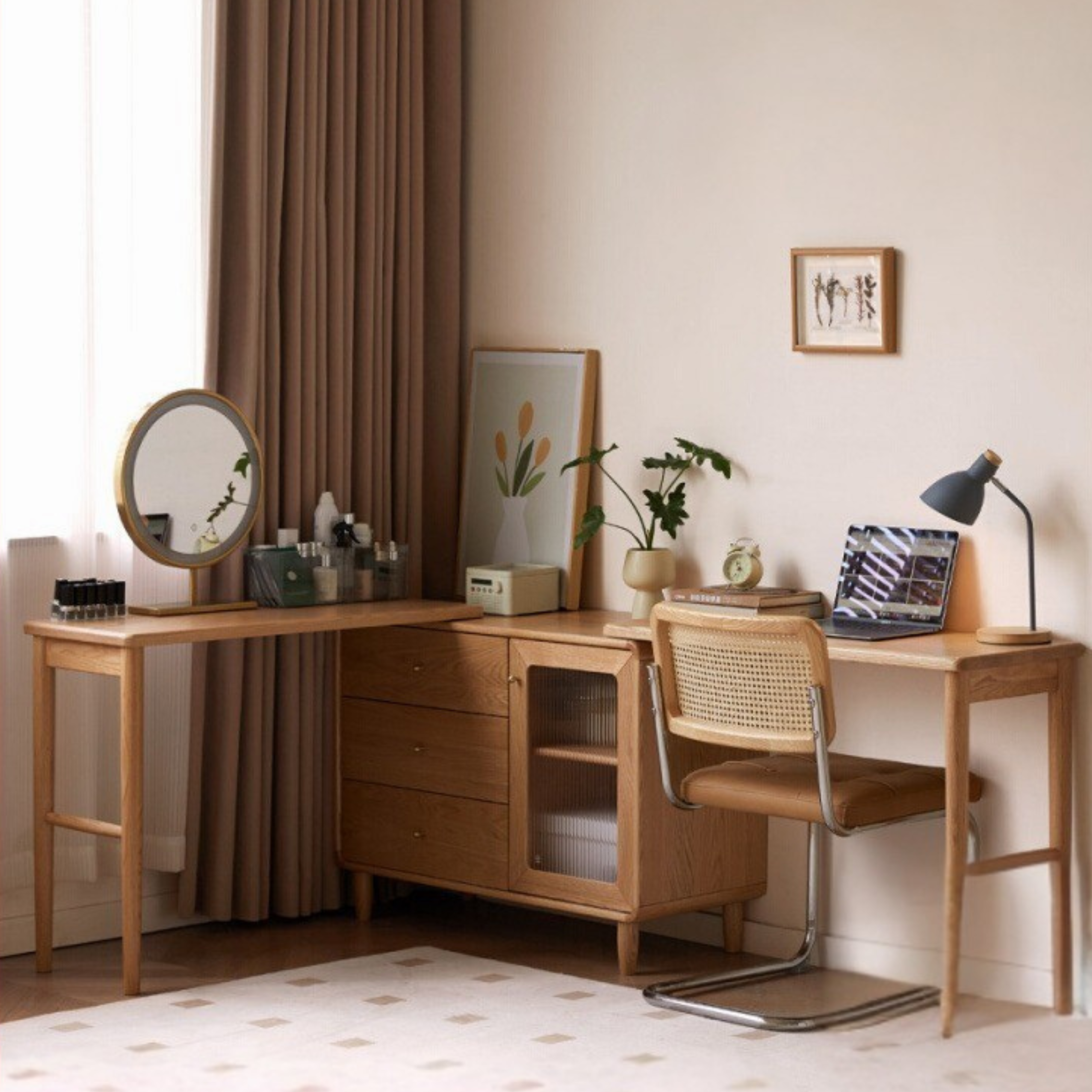 Solid Oak Retractable Vanity Dressing Table with Mirror - Perfect for Bedroom, Bathroom & Small Space Makeup Organization