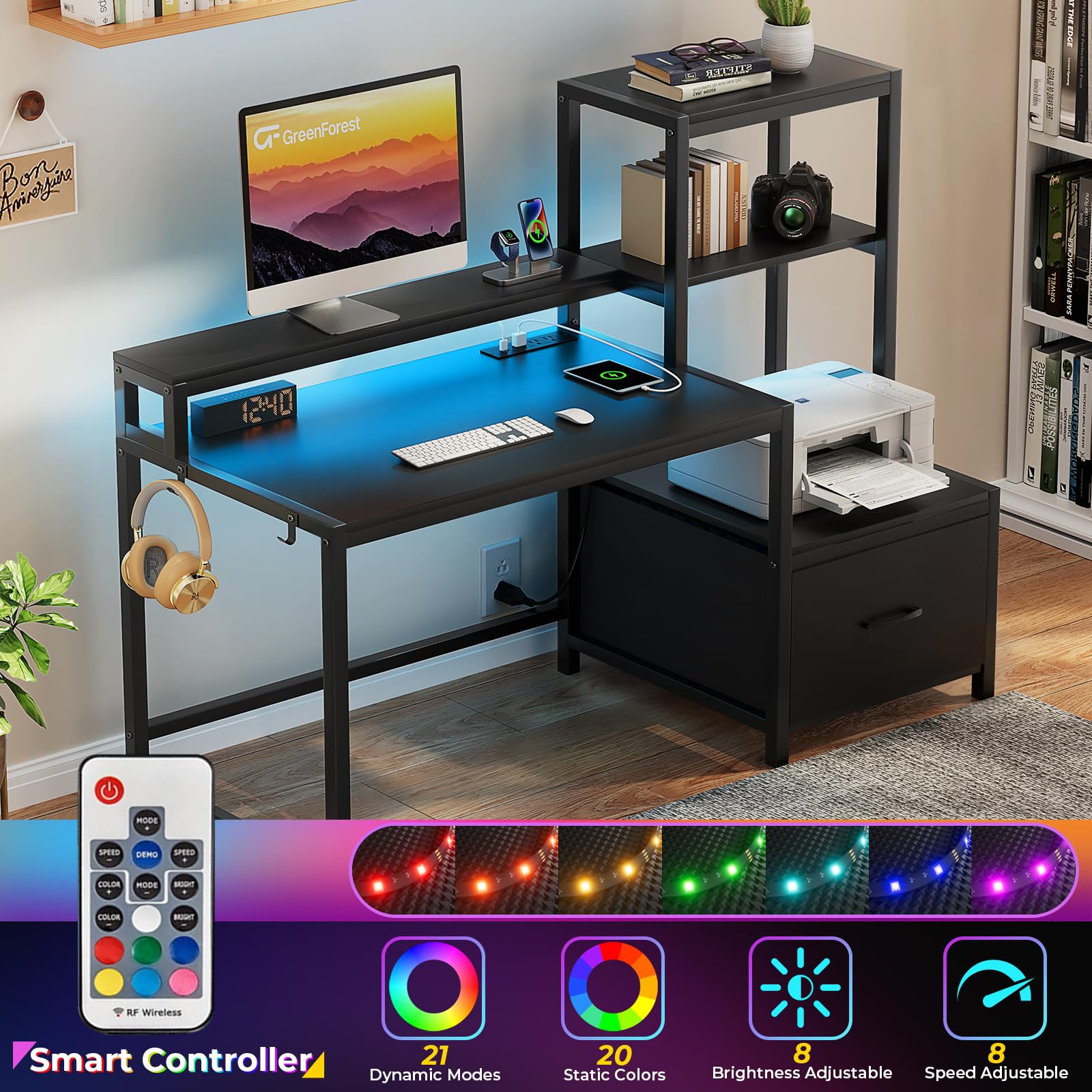 GreenForest 51-inch Computer Desk with Drawers & Monitor Stand - Home Office Desk with Storage Shelves, Power Outlets & LED Lights - Ergonomic Gaming & Study Desk for Small Spaces (Black) - Perfect for Remote Work, Online Classes & PC Gaming Setup