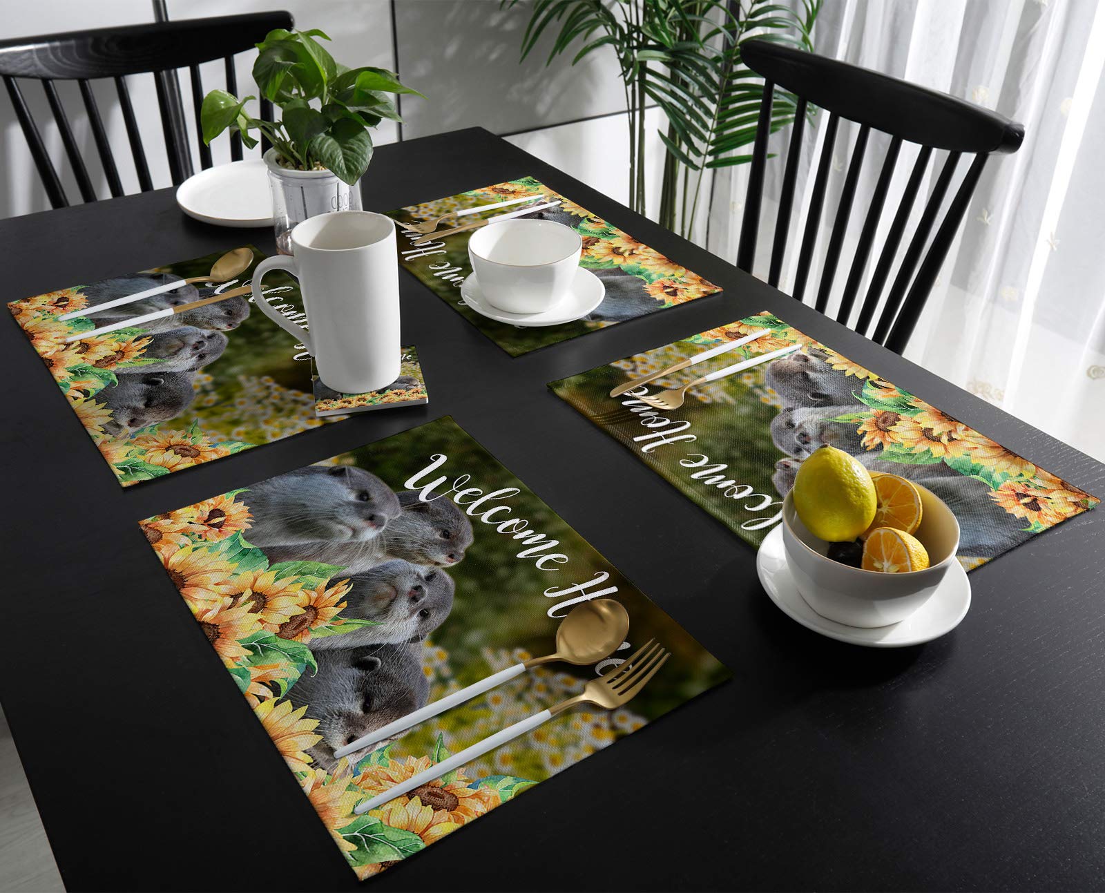 Farmhouse Animal Placemats Set of 4 - Otter with Sunflowers Design, Durable & Washable Heatproof Table Mats for Kitchen & Dining Room - Perfect for Home Decor, Family Dinners, and Farmhouse Style Interior Design