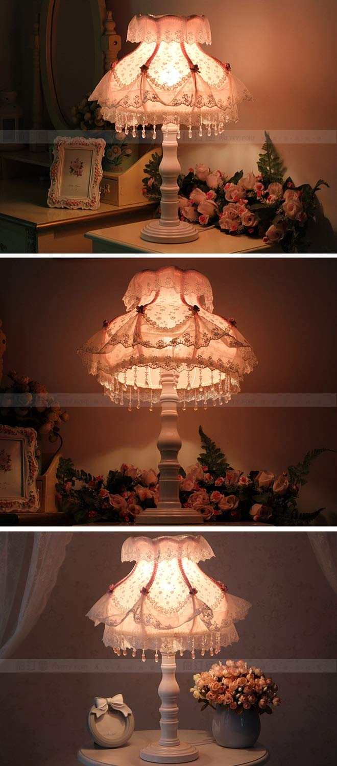 WENGAN Pink Lace Fabric Table Lamp - Multifunctional Bedside Desk Lamp for Bedroom, Office, Princess & Girl Room Decor - Perfect for Reading, Studying & Nightstand Lighting