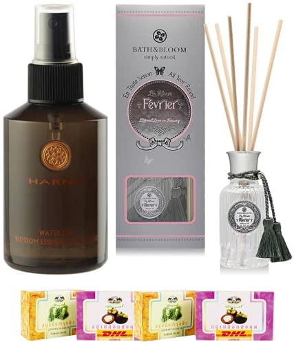 Harnn Water Lily Blossom Essence Toner & Bath & Bloom Feb Diffuser Oil Set A48 - Hydrating Facial Toner & Aromatherapy Essential Oil for Spa, Home Relaxation - Free Tomato Facial Mask Included - Fast DHL Express Shipping by Thaigiftshop