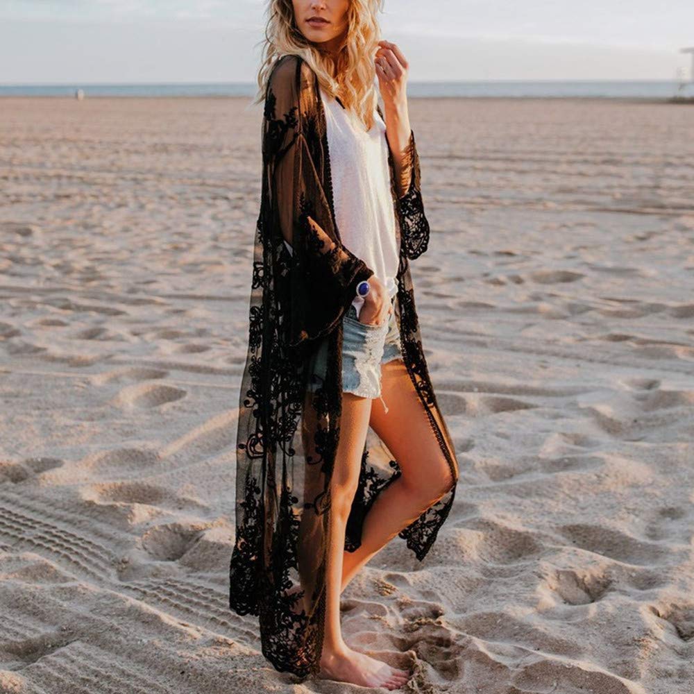 Women's Lace Floral Crochet Bohemian Kimono Cardigan Cover Up - Lightweight Beachwear for Summer, Seaside, Vacation & Music Festivals