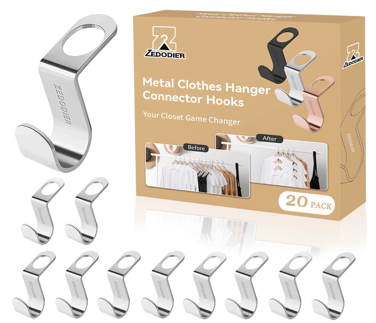 ZEDODIER 20 Pack Heavy Duty Metal Clothes Hanger Connector Hooks - Space Saving Closet Organizer for Jackets, Coats & Heavy Clothing - Universal Fit for All Hanger Types - Silver (Perfect for Small Closets & Wardrobe Organization)
