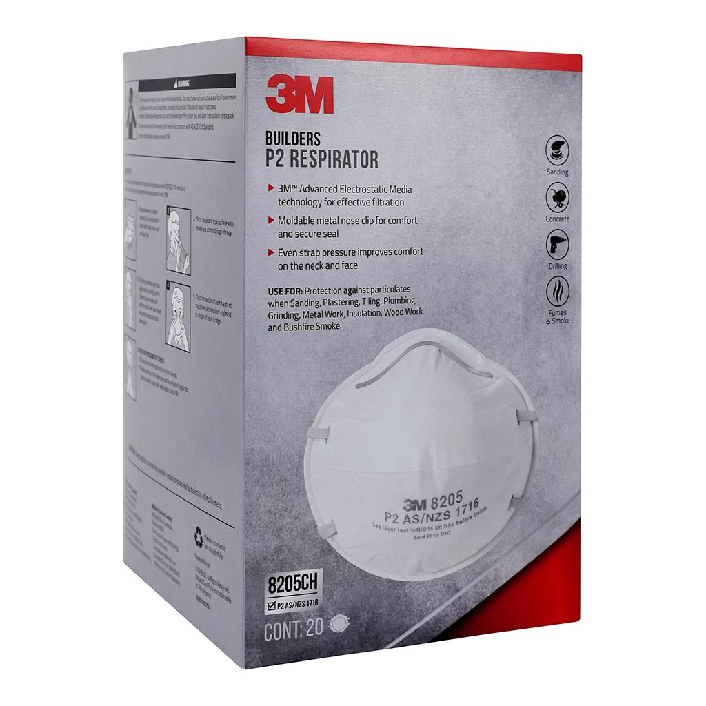 3M Builders P2 Respirator Mask, Pack of 20 (8205CH 20 DC) - Dust Protection for Construction, Woodworking & DIY Projects