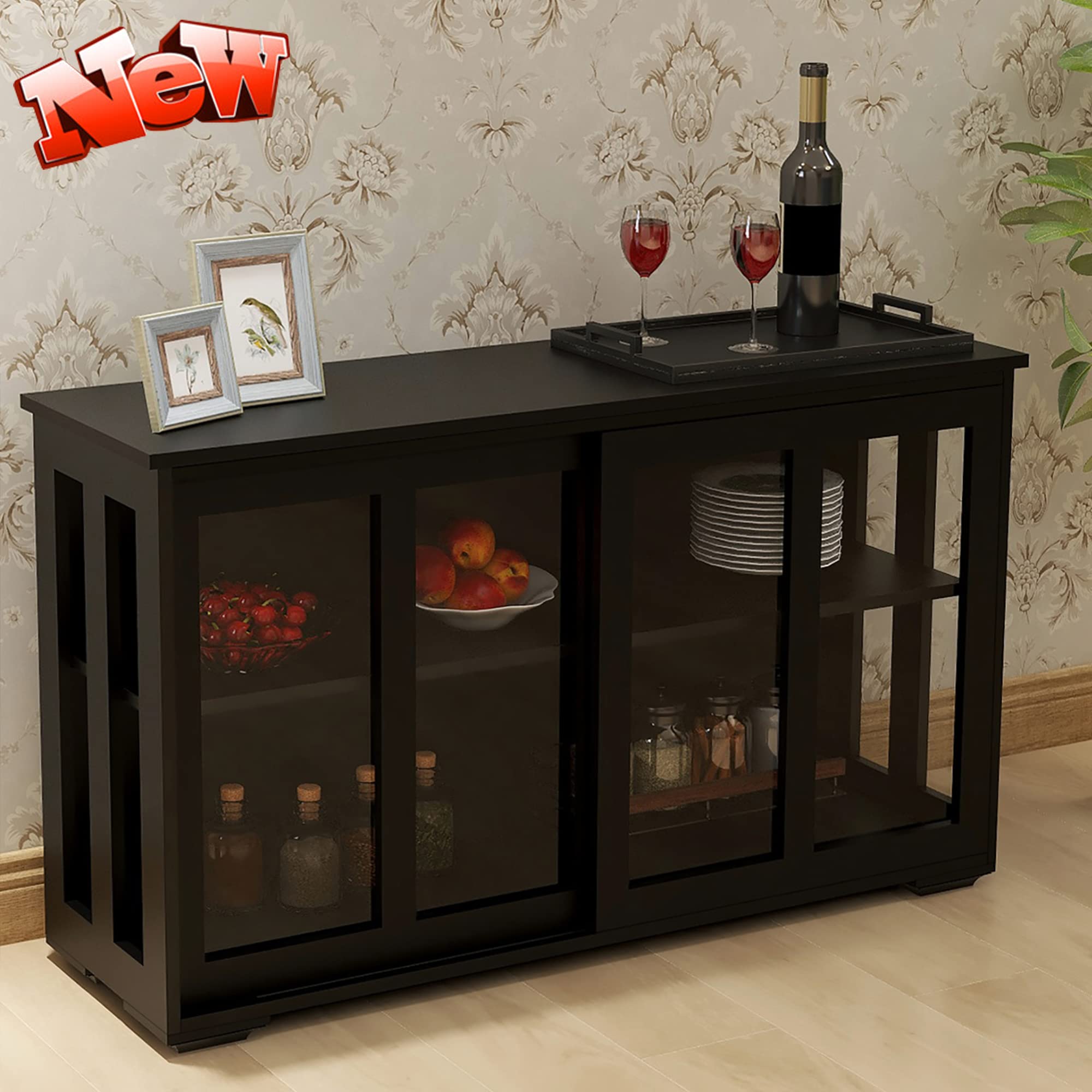 Upgraded DANGRUUT Buffet Sideboard with Sliding Glass Doors - Solid Wood Kitchen Storage Cabinet with Adjustable Shelves, Black Credenza for Dining Room & Living Room | Perfect for Home Organization & Entertaining Guests