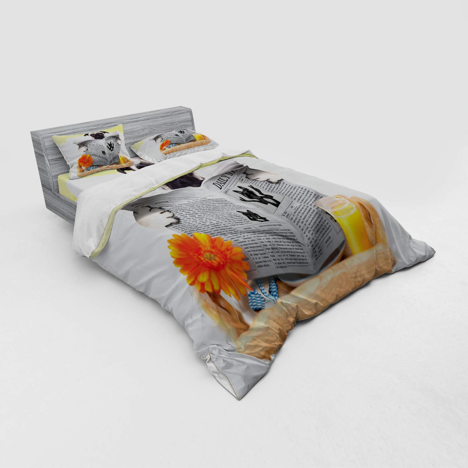Ambesonne Pug Duvet Cover Set 4-Piece Queen - Funny Dog Breakfast in Bed Design for Cozy Bedroom Decor