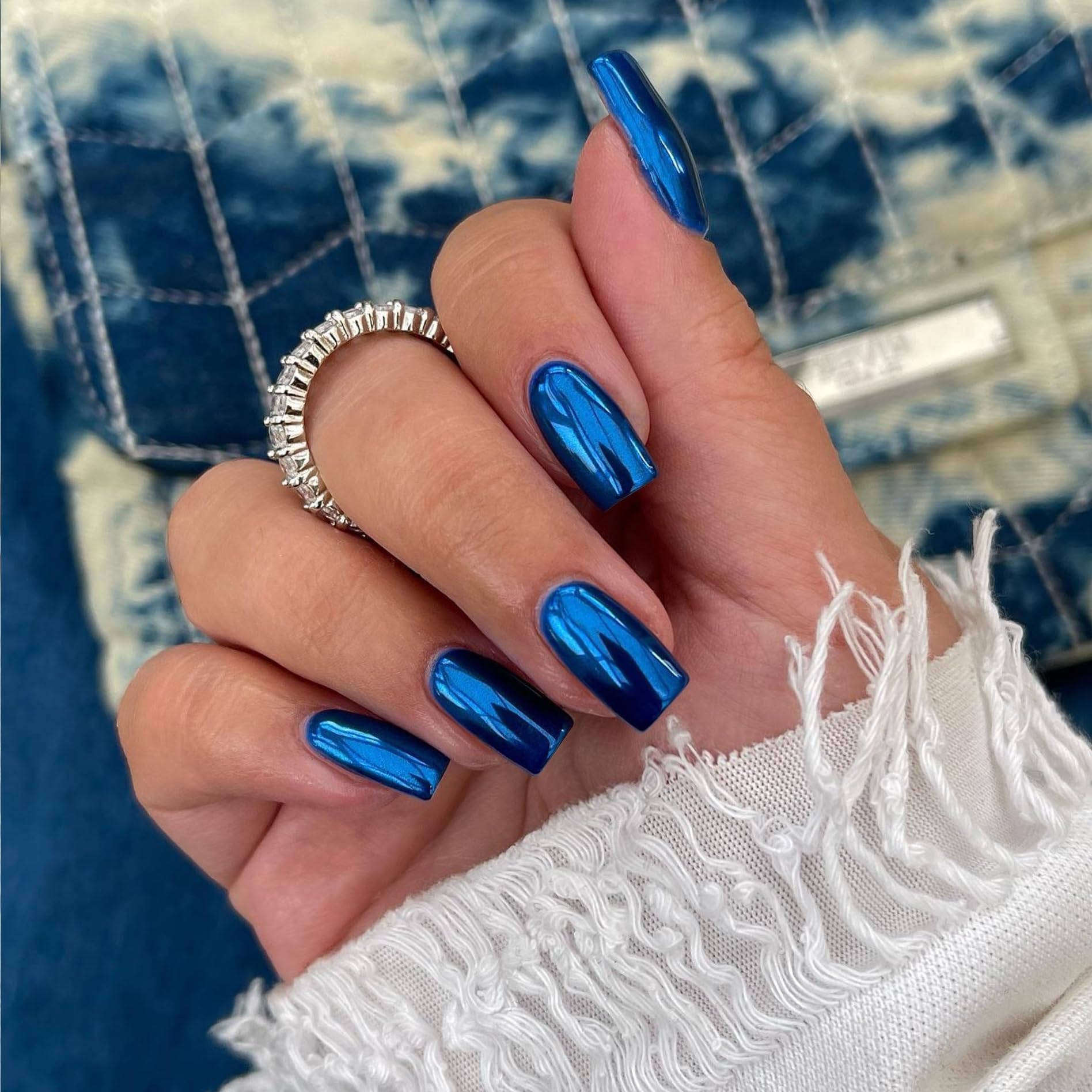 Royal Blue Chrome Press On Nails - Short Medium Square Metallic Fake Nails with Glitter | 24PCS Mirror Acrylic False Nails for Women | Perfect for Parties, Weddings & Everyday Glam