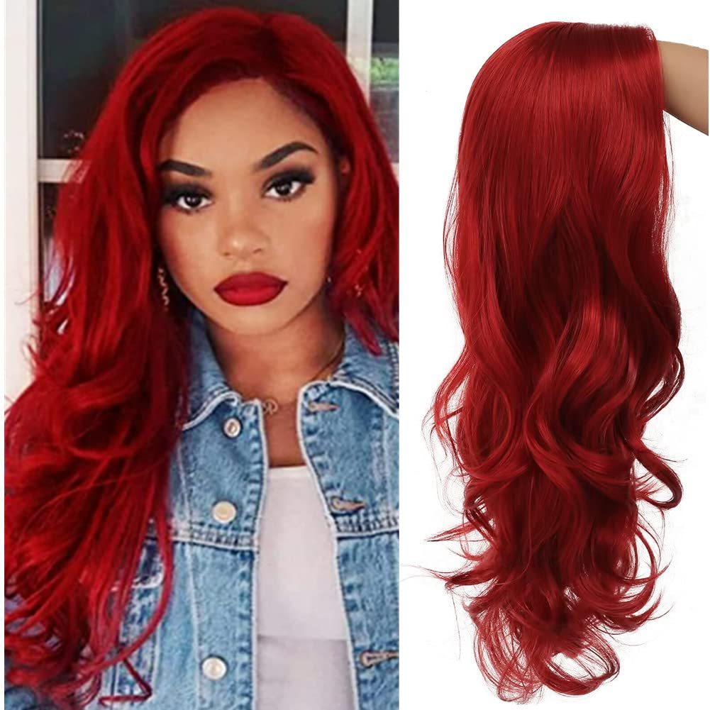 Long Wavy Red Wigs for Women - Heat Resistant Synthetic Hair with Natural Looking Side Part - Perfect for Cosplay, Halloween Parties & Costume Events (Bright Red)