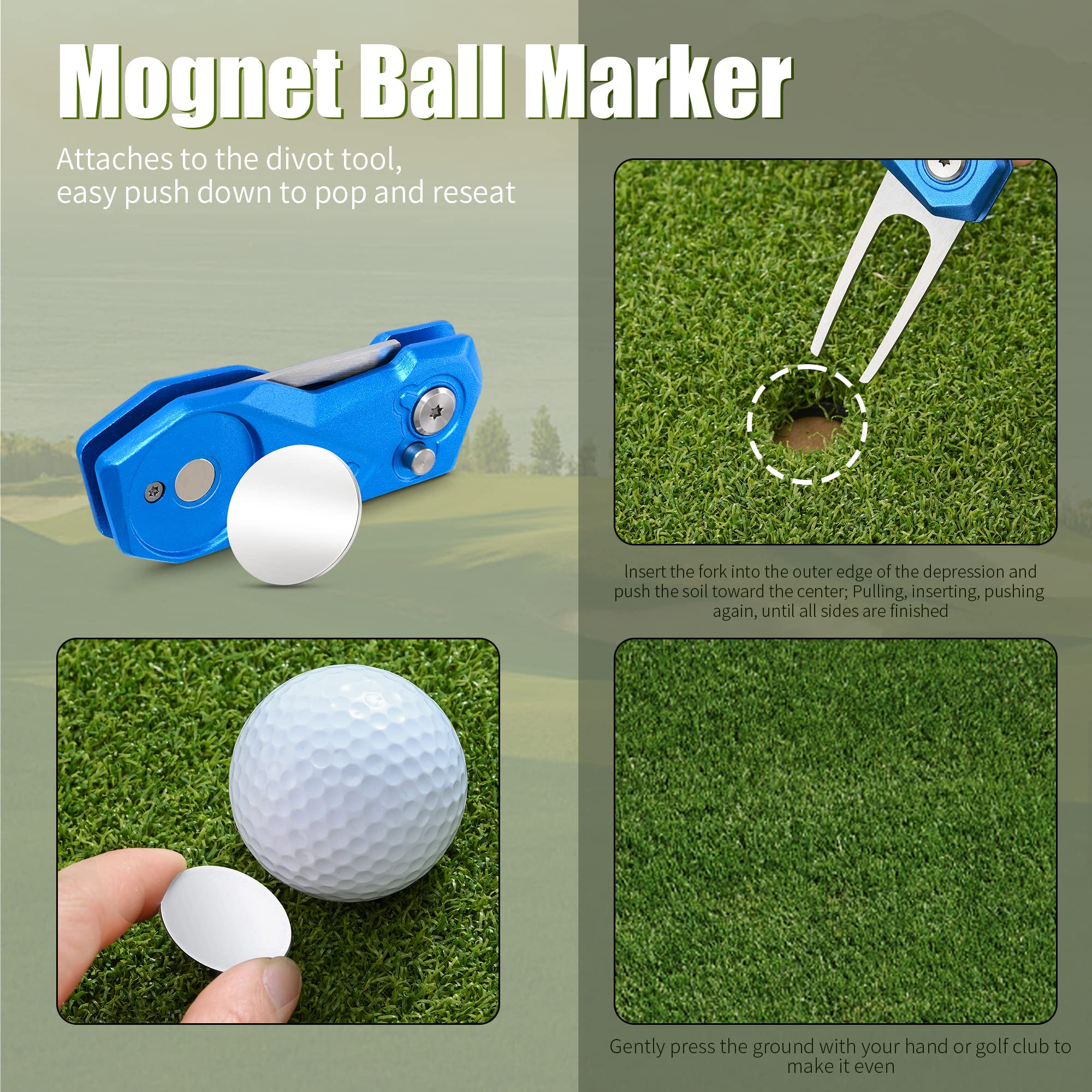 Premium All-Metal Foldable Golf Divot Repair Tool with Magnetic Ball Marker | Pop-Up Button Design | Durable Golf Accessories for Men | Perfect for Course Play & Practice Sessions