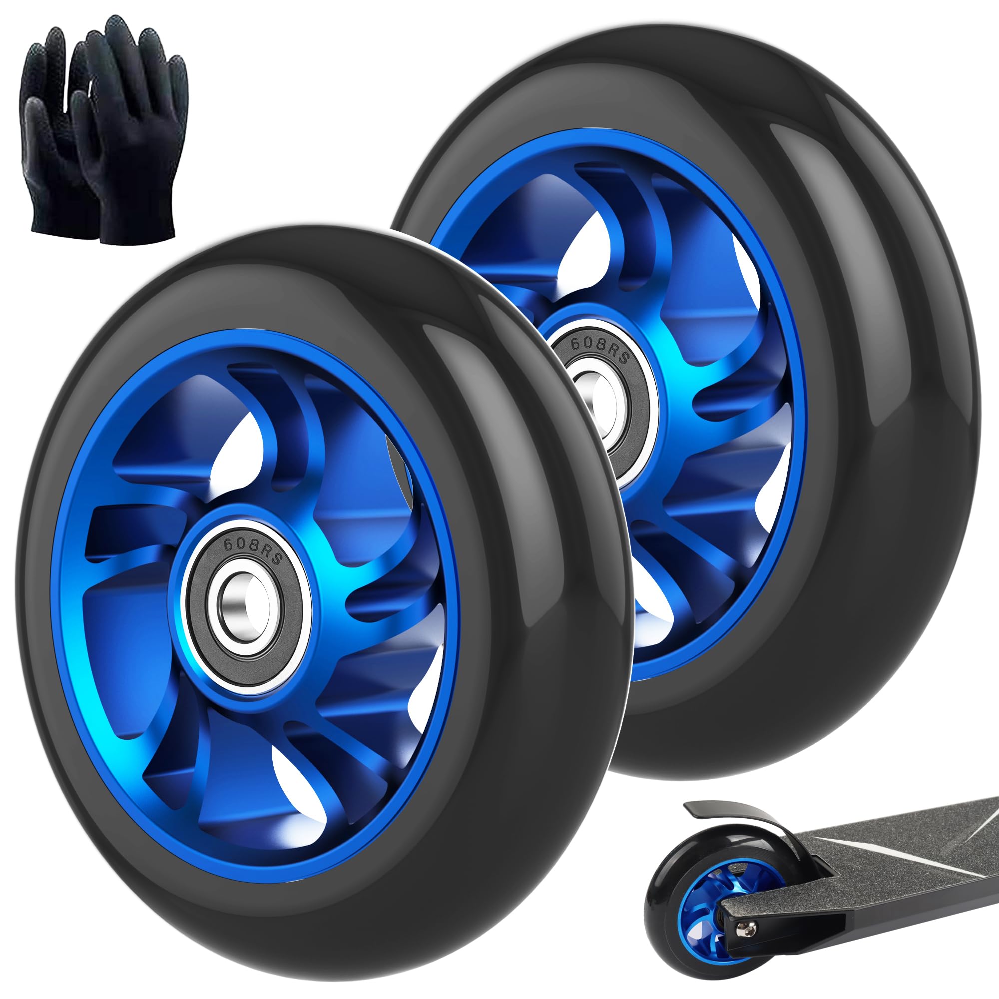 100mm Scooter Wheels Pro Replacement Parts - Aluminum Alloy Wheel Rim with Anti-Lock Bearings for Razor Scooters (2Pcs, 100mm Blue) - Perfect for Urban Commuting, Street Riding & Performance Upgrades