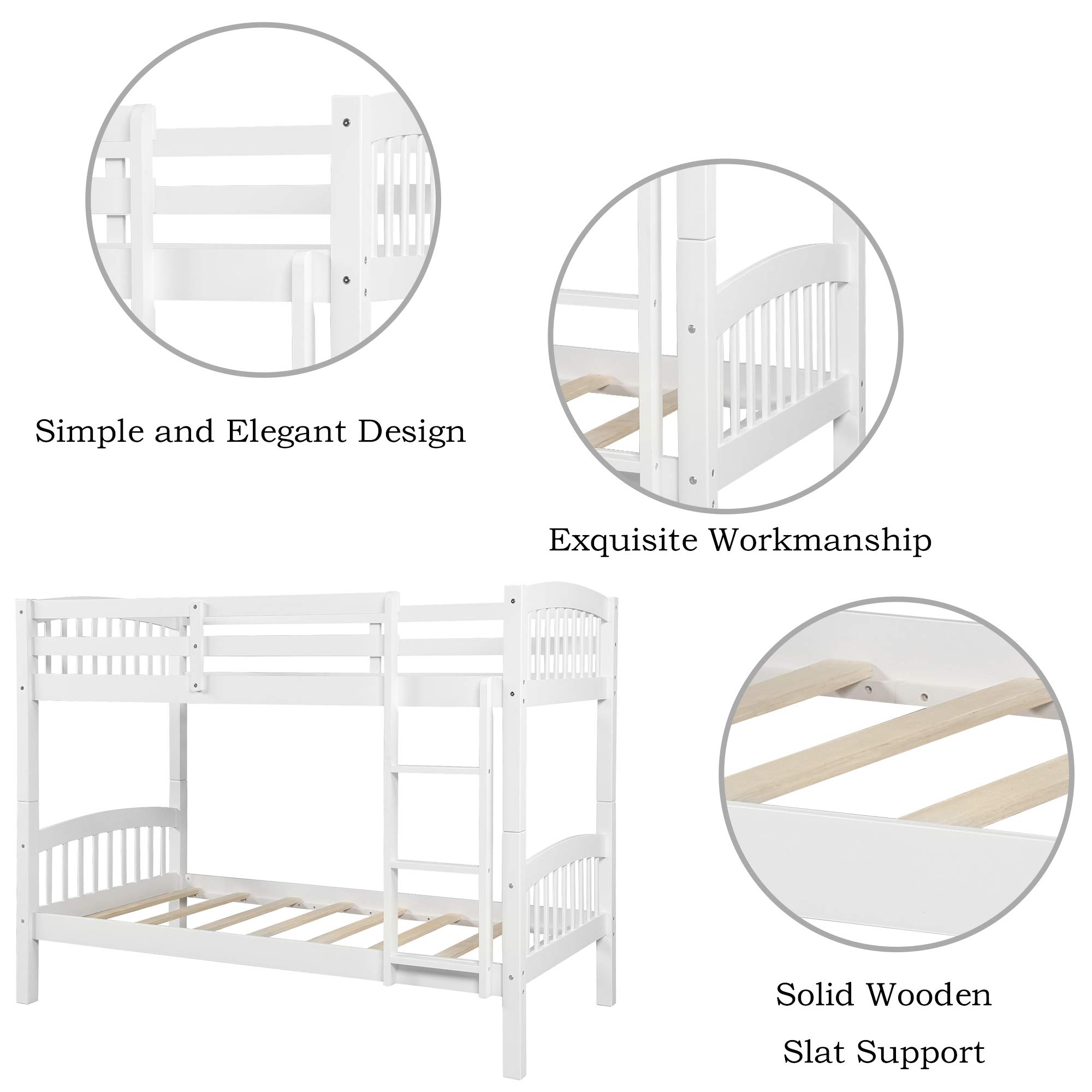 JULYFOX Twin Over Twin Bunk Bed with Ladder & Guard Rails - Heavy Duty 500 LB Capacity, Solid Pine Wood Frame with Finsbury Headboard - No Box Spring Needed - Perfect for Teens, Kids & Small Spaces (White) | Ideal for Dorm Rooms, Guest Rooms & Space-Saving Bedroom Solutions