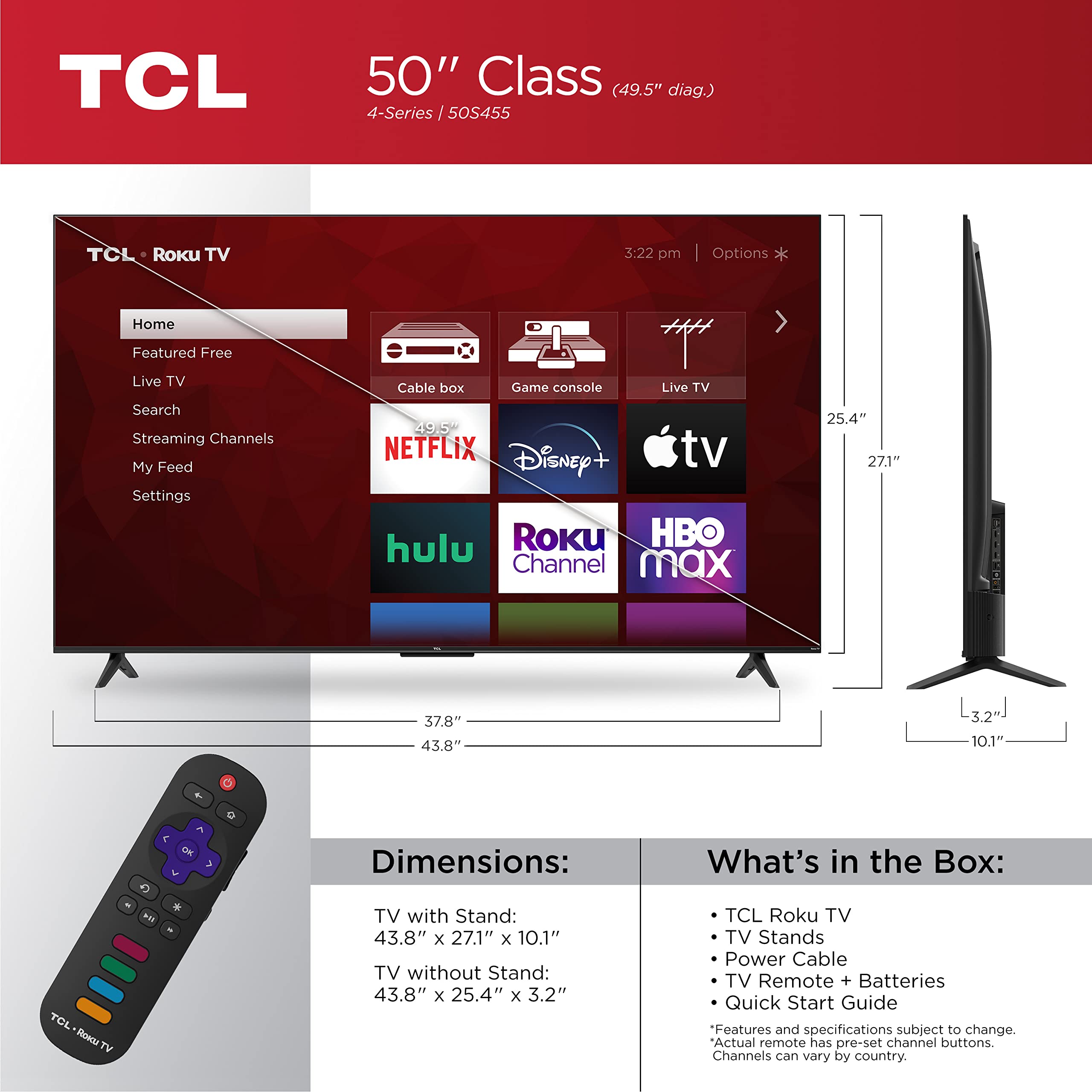 TCL 50S455 50-Inch 4K UHD HDR Smart Roku TV (2022 Model, Black) - Streaming, Gaming & Home Entertainment for Living Room & Bedroom