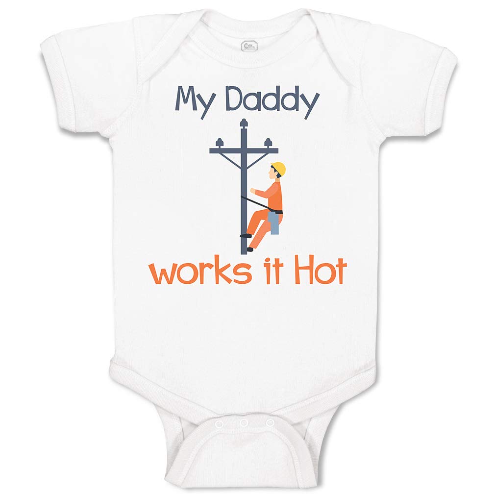 Funny Baby Bodysuit - My Daddy Works It Hot Profession Lineman - Cotton Onesie for Boys & Girls - White Design - 12 Months - Perfect for Playdates & Family Photos