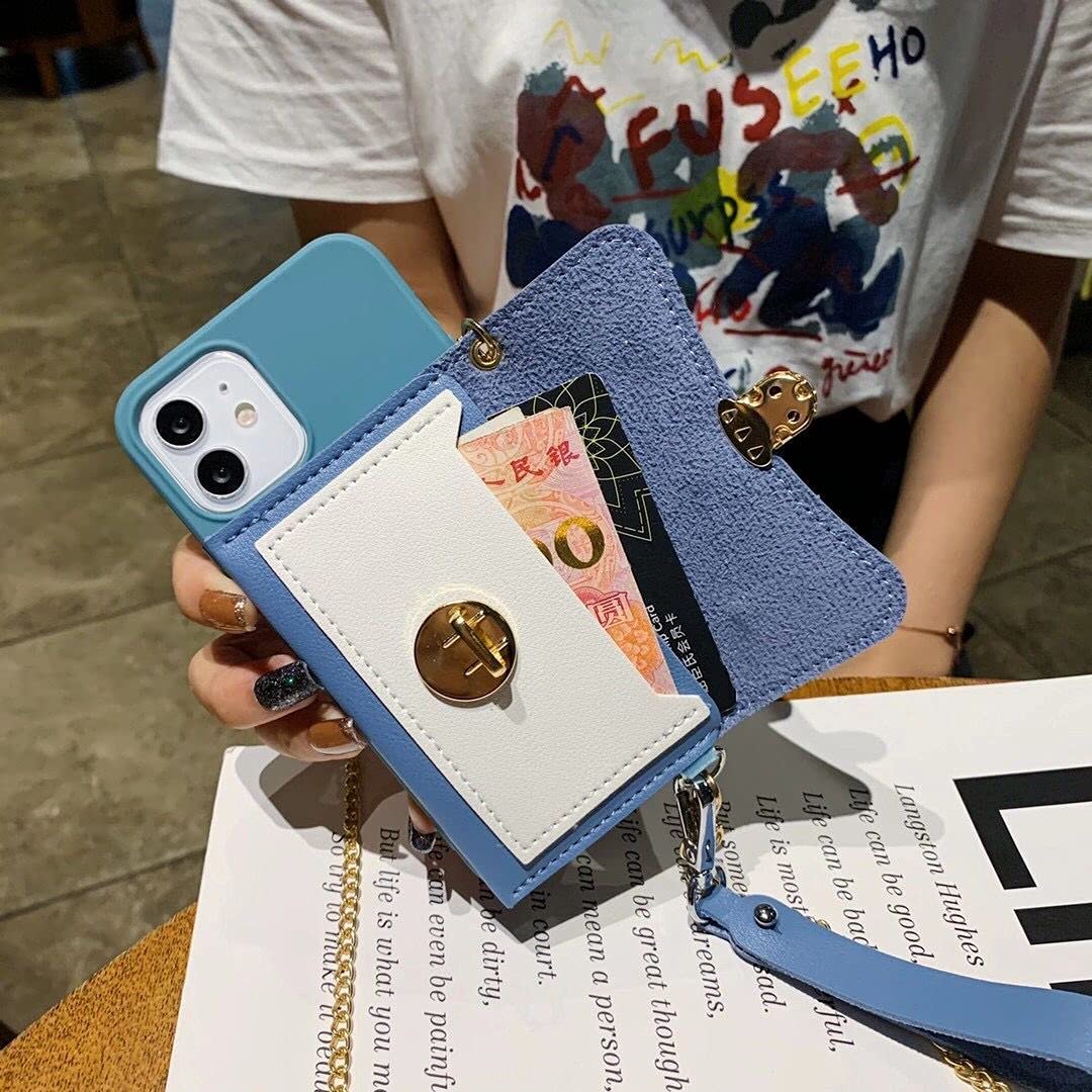Leather Crossbody Wallet Case for iPhone 12 Mini with Card Holder Slots, Detachable Wrist Strap & Shoulder Chain - Magnetic Protective Purse Phone Cover for Women (Blue) | Perfect for Travel, Shopping & Everyday Use