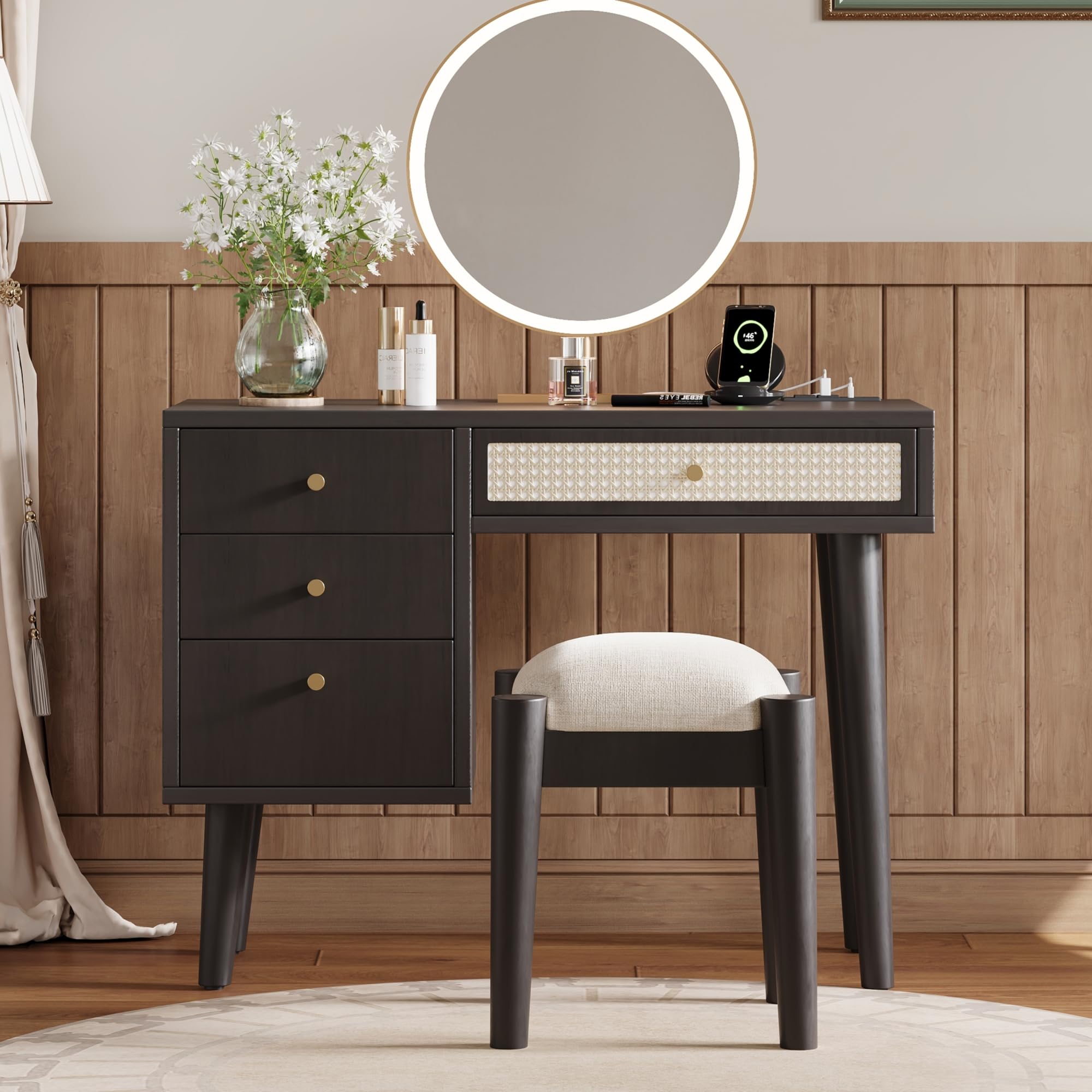 HABITRIO 3-Piece Full Size Bedroom Set - Platform Bed Frame, Nightstand & Makeup Vanity with Stool in Black | Modern Bedroom Furniture for Small Spaces, Guest Rooms & Apartments