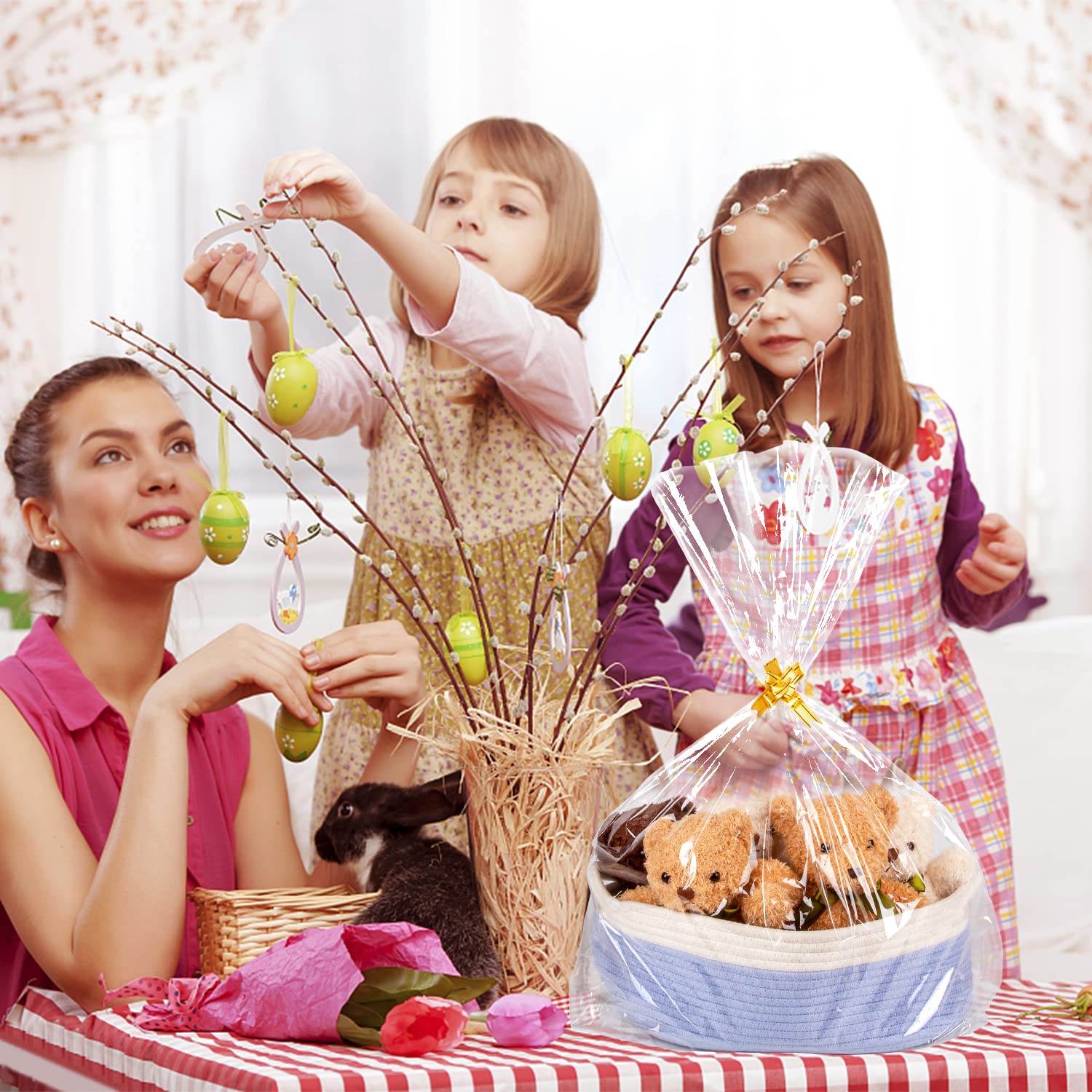 50pcs Clear Cellophane Gift Bags - 3 Sizes (12x18, 16x24, 24x30 inches) with 50 Pull Bows for Gift Wrapping, Party Favors, Wedding Favors & Holiday Packaging - Premium Plastic Packaging Bags for Candy, Cookies & Gift Baskets